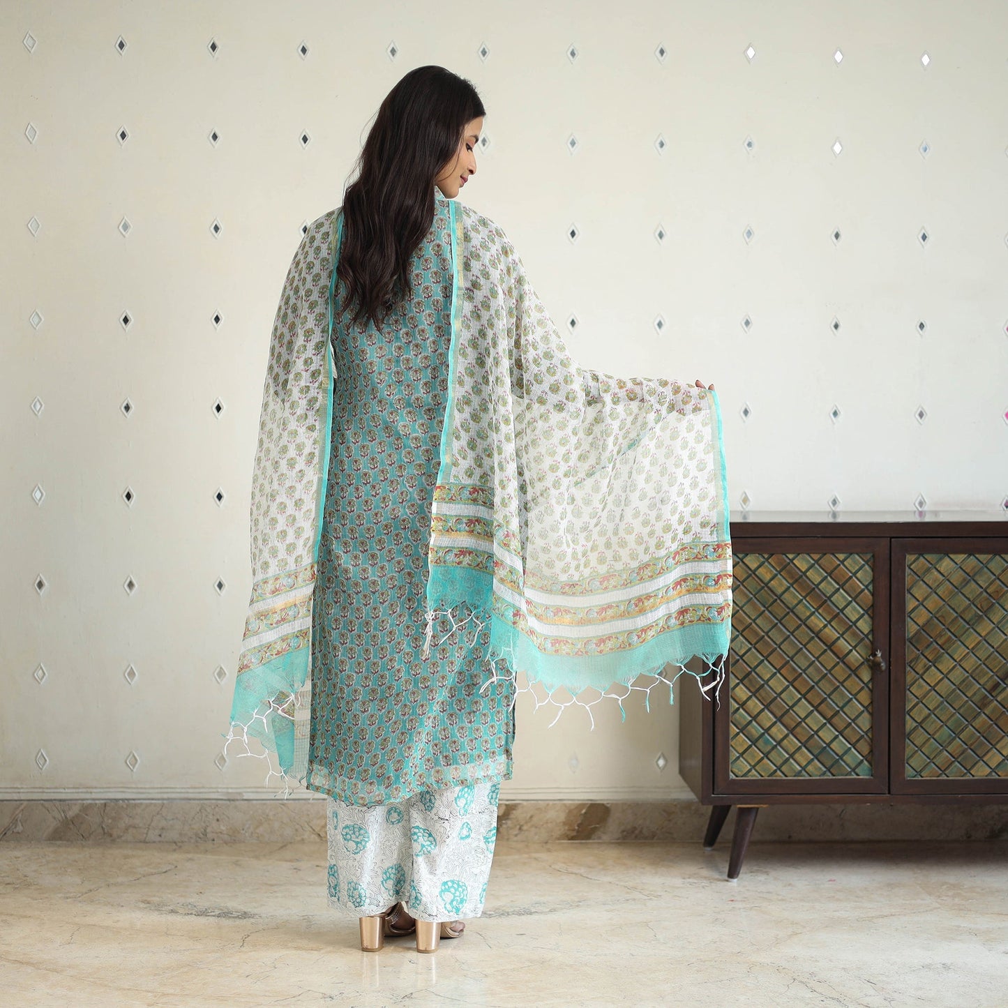 Green Block Print Kota Doria Cotton Sanganeri Kurta Set (Set of 3)