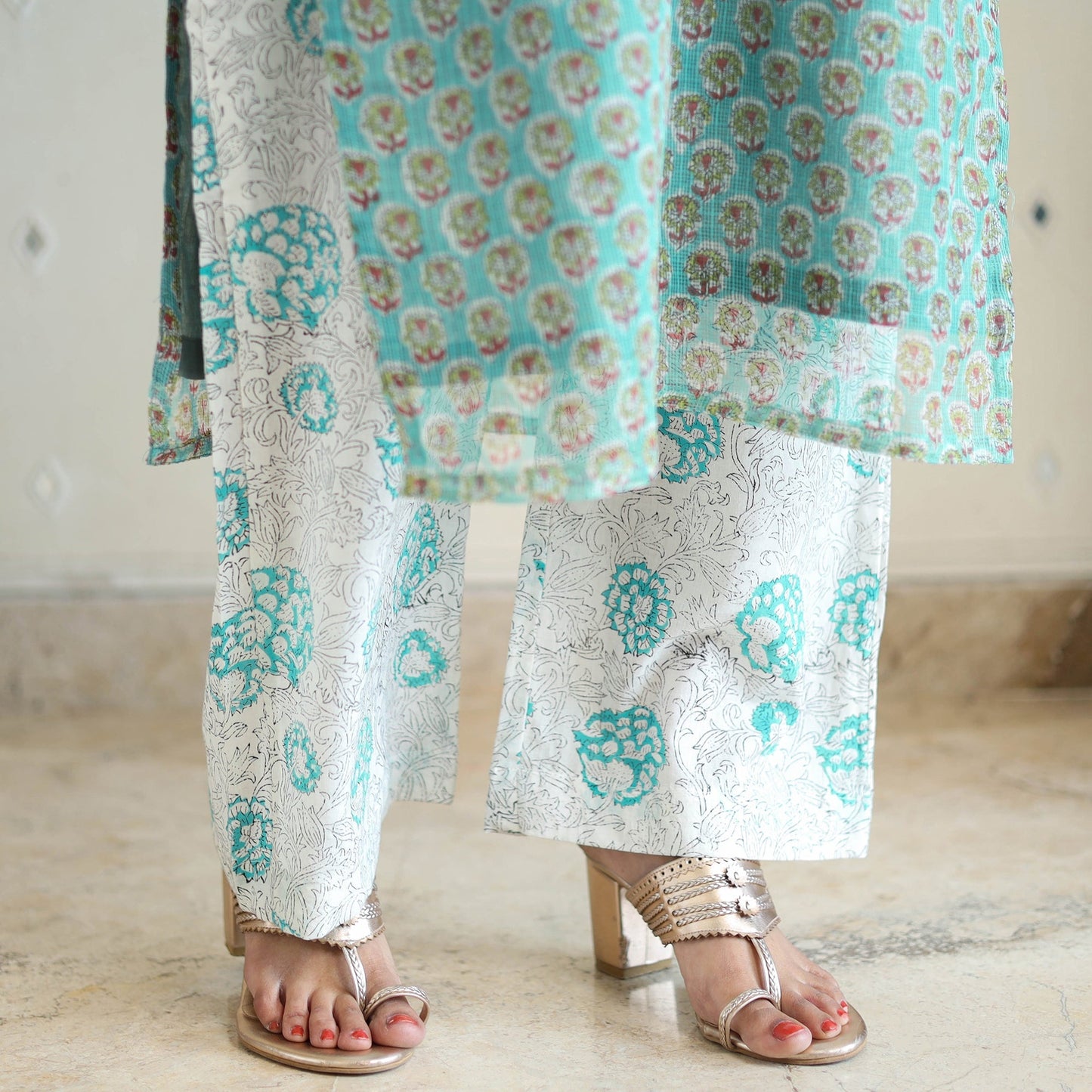 Green Block Print Kota Doria Cotton Sanganeri Kurta Set (Set of 3)