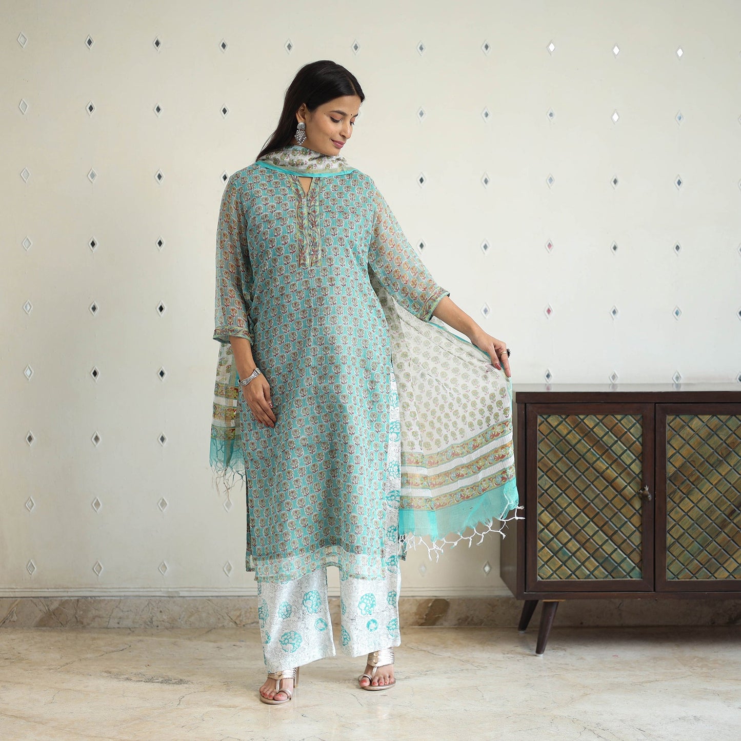 Green Block Print Kota Doria Cotton Sanganeri Kurta Set (Set of 3)