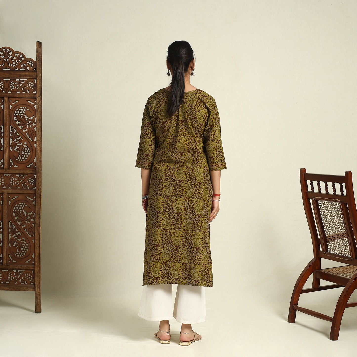 Green Block Print Mul Cotton Straight Bagh Kurta for Women