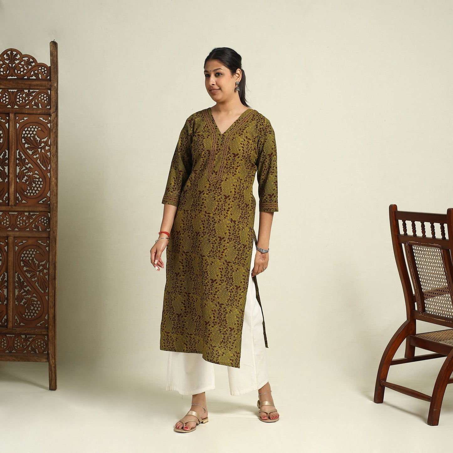 Green Block Print Mul Cotton Straight Bagh Kurta for Women
