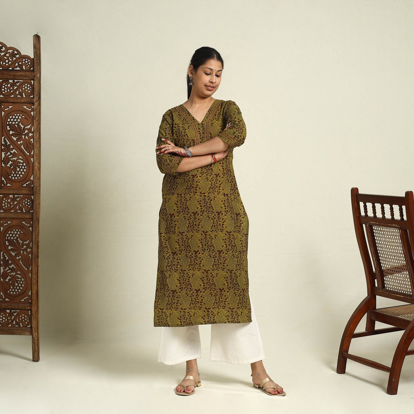 Green Block Print Mul Cotton Straight Bagh Kurta for Women