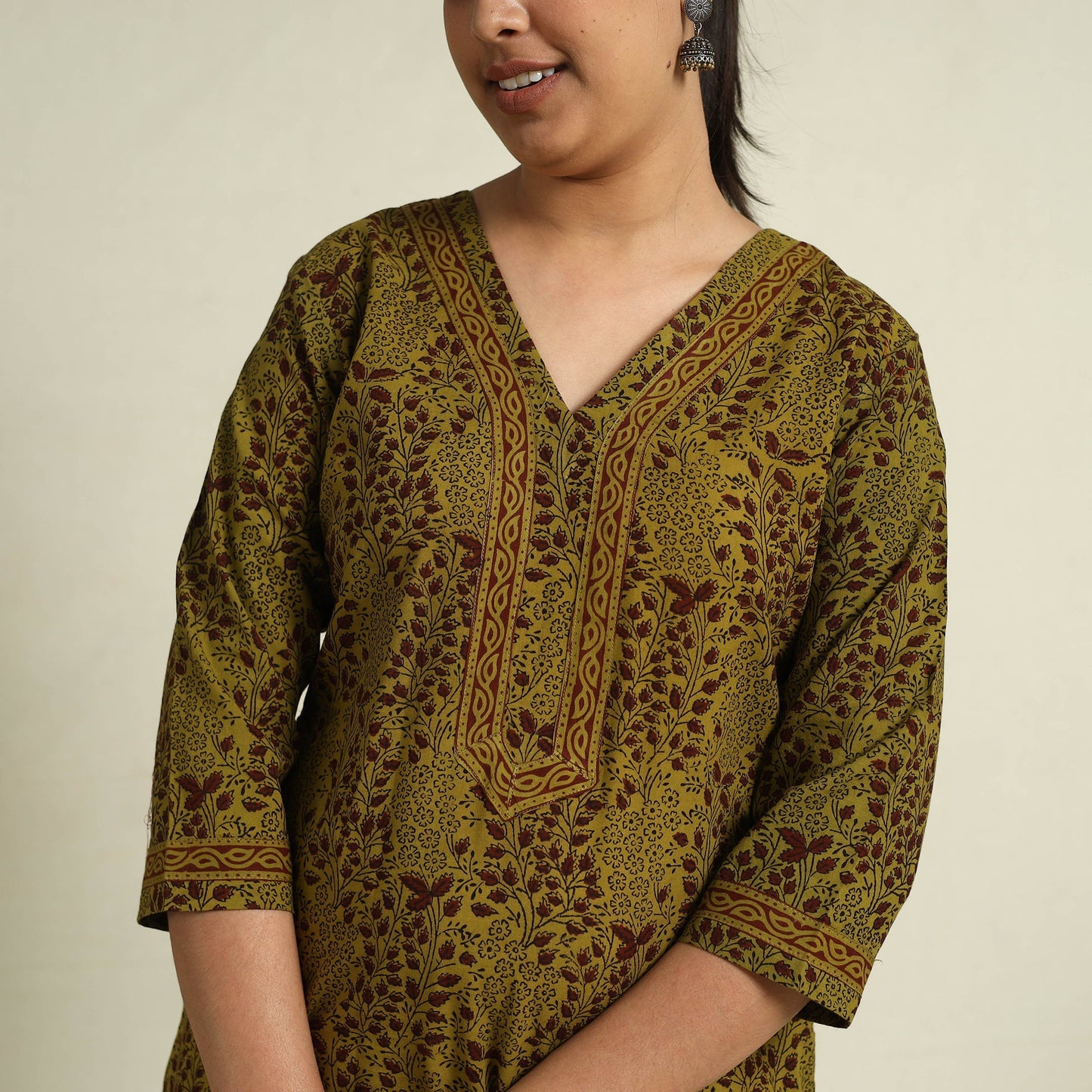 Green Block Print Mul Cotton Straight Bagh Kurta for Women