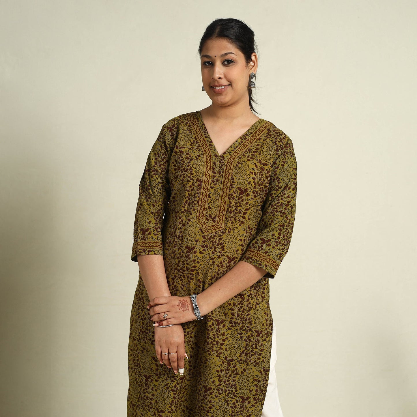 Green Block Print Mul Cotton Straight Bagh Kurta for Women