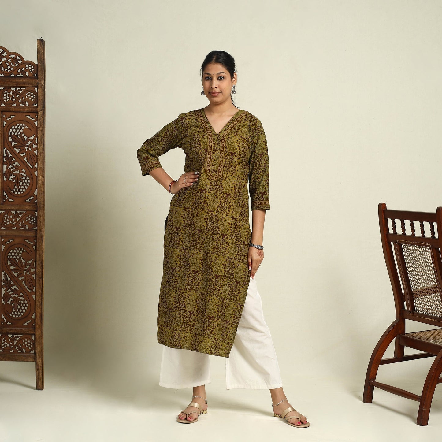 Green Block Print Mul Cotton Straight Bagh Kurta for Women