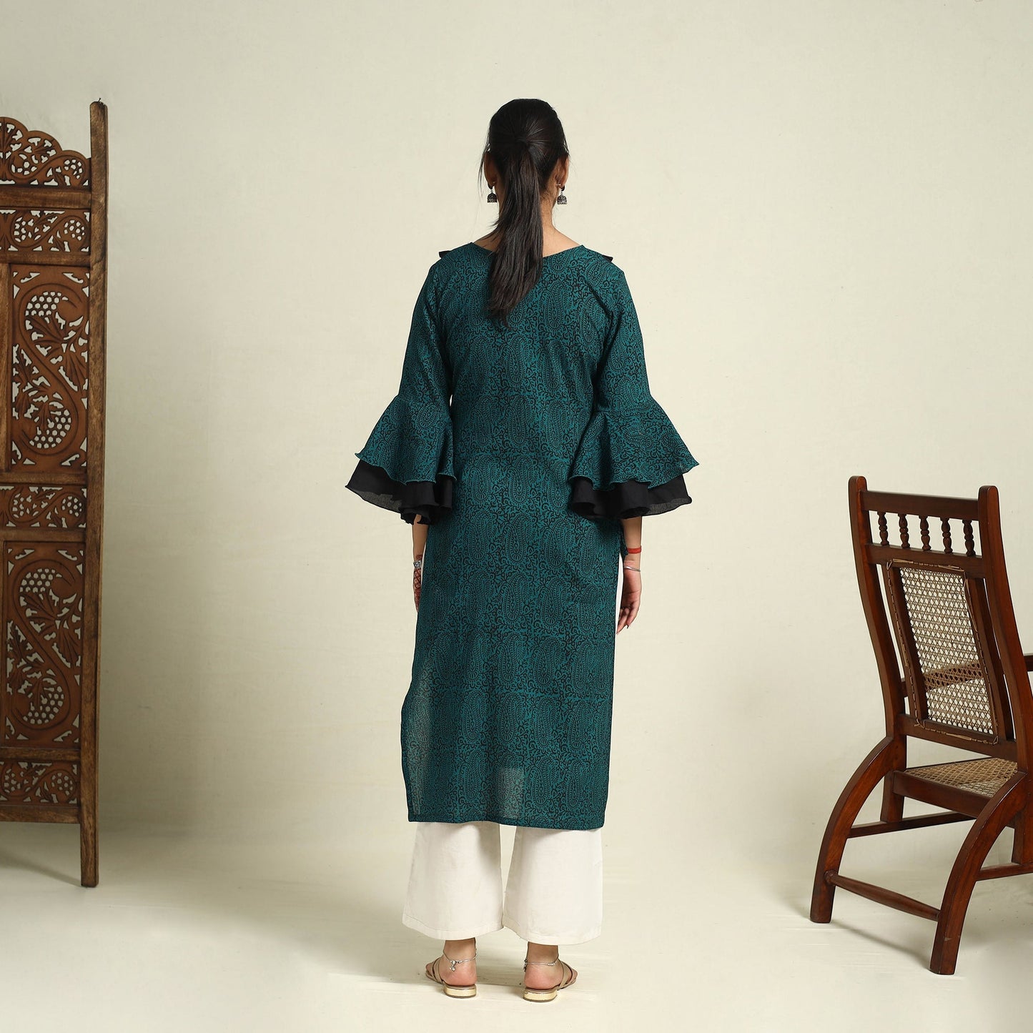 Green Block Print Mul Cotton Straight Bagh Kurta for Women