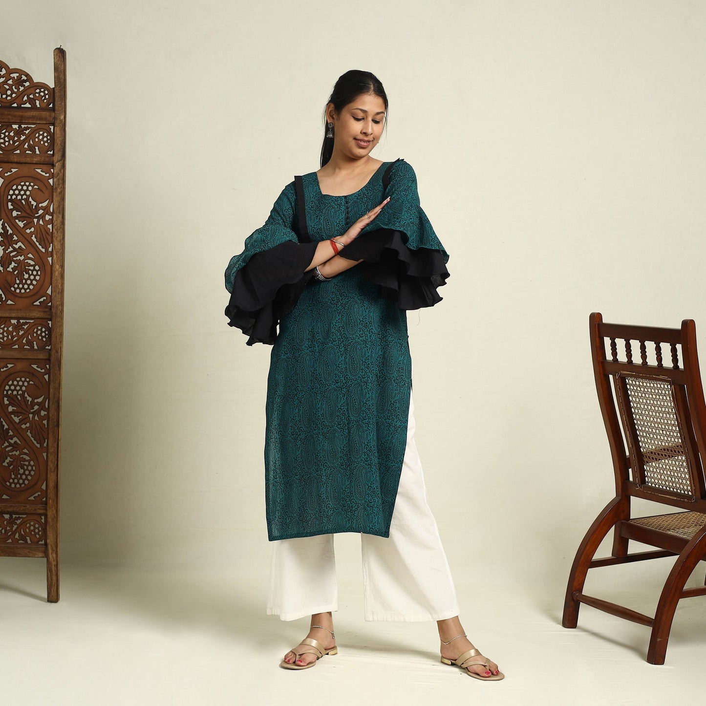 Green Block Print Mul Cotton Straight Bagh Kurta for Women