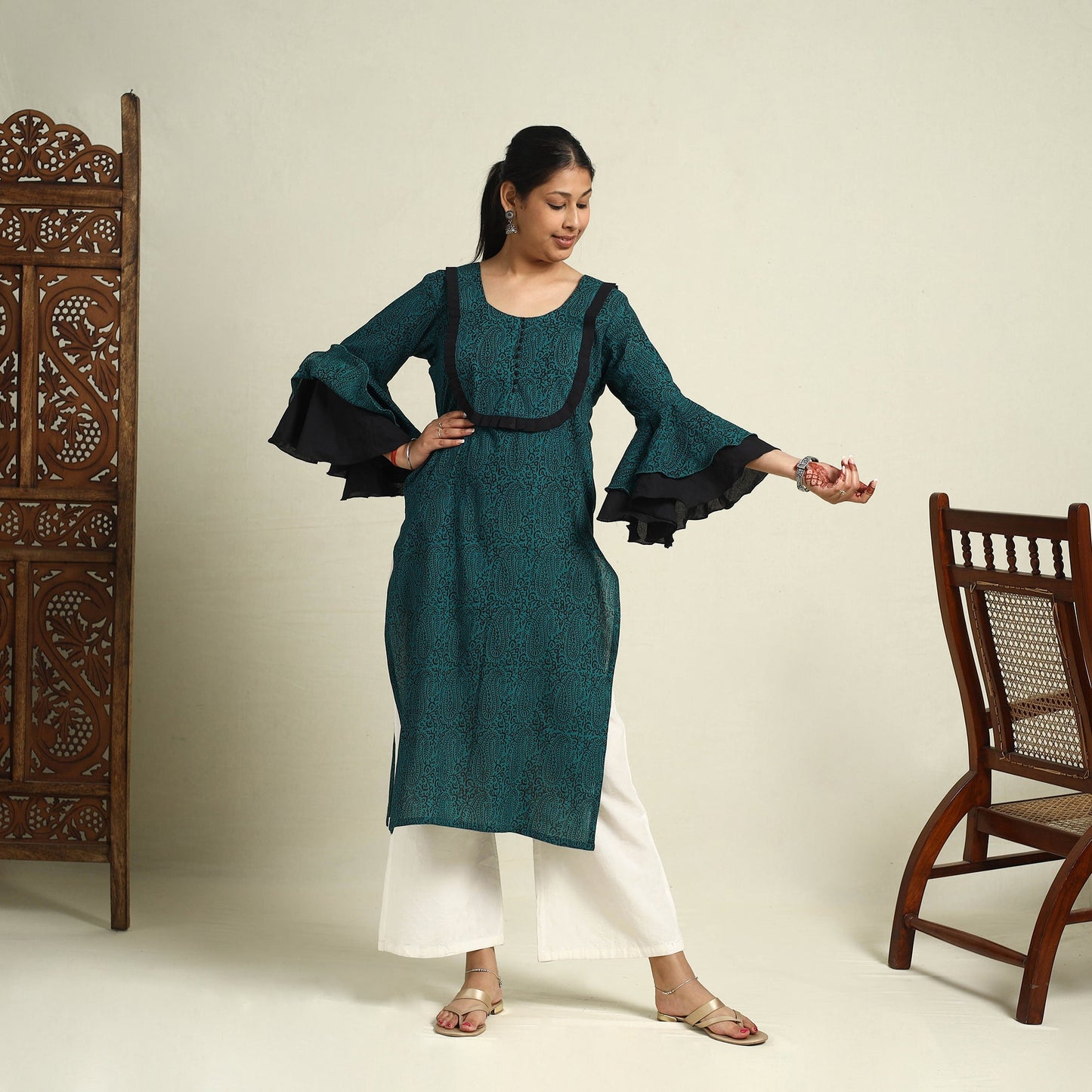 Green Block Print Mul Cotton Straight Bagh Kurta for Women