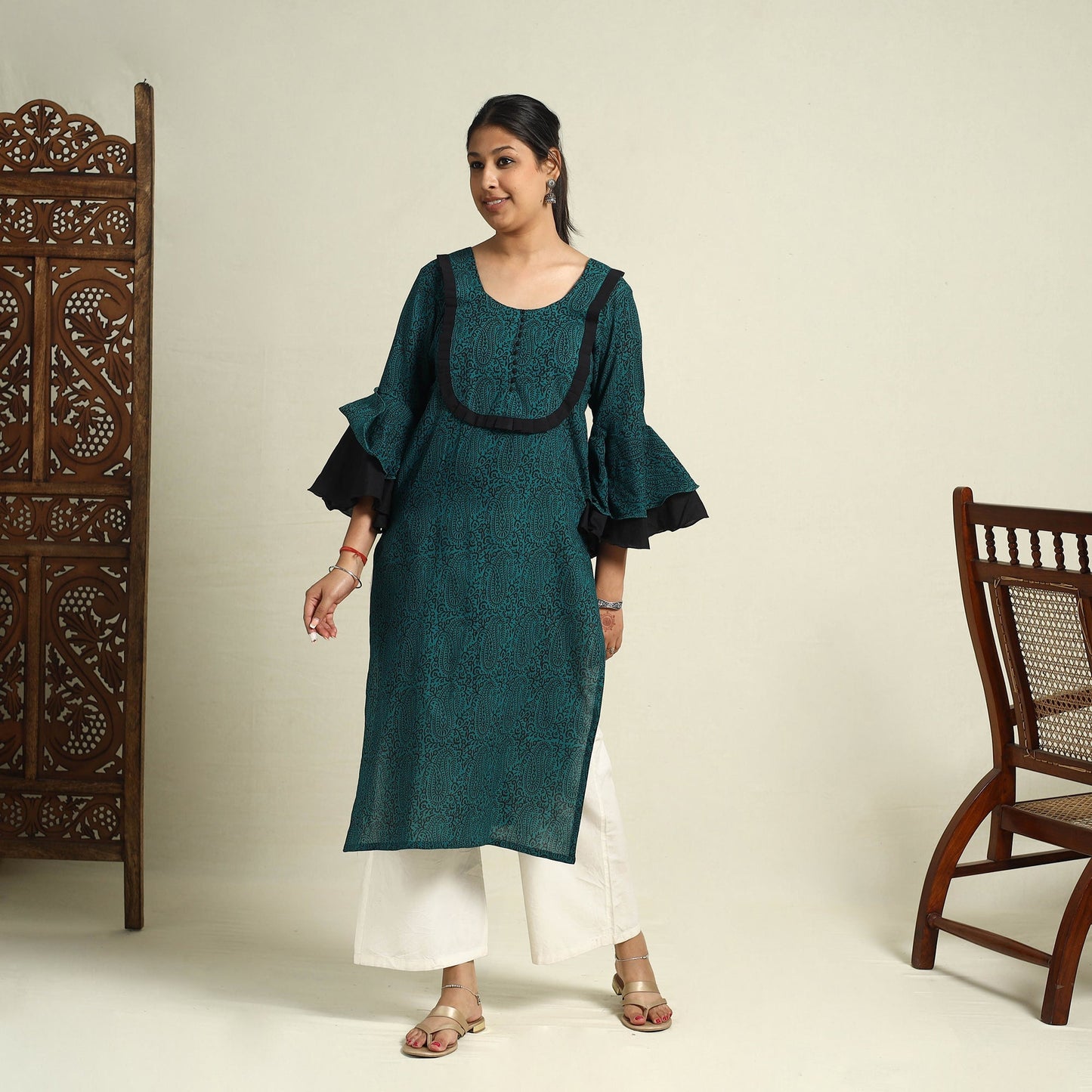 Green Block Print Mul Cotton Straight Bagh Kurta for Women