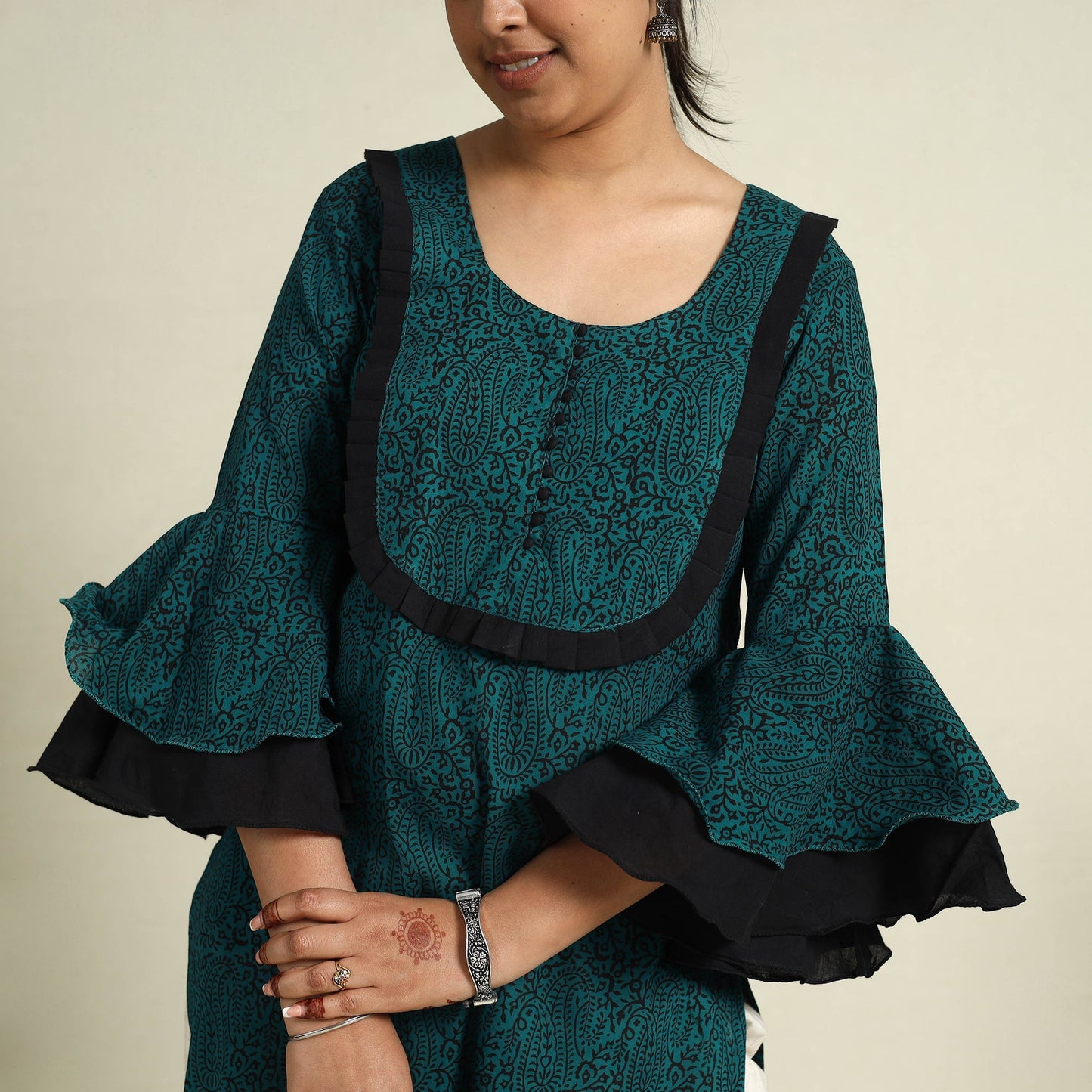 Green Block Print Mul Cotton Straight Bagh Kurta for Women