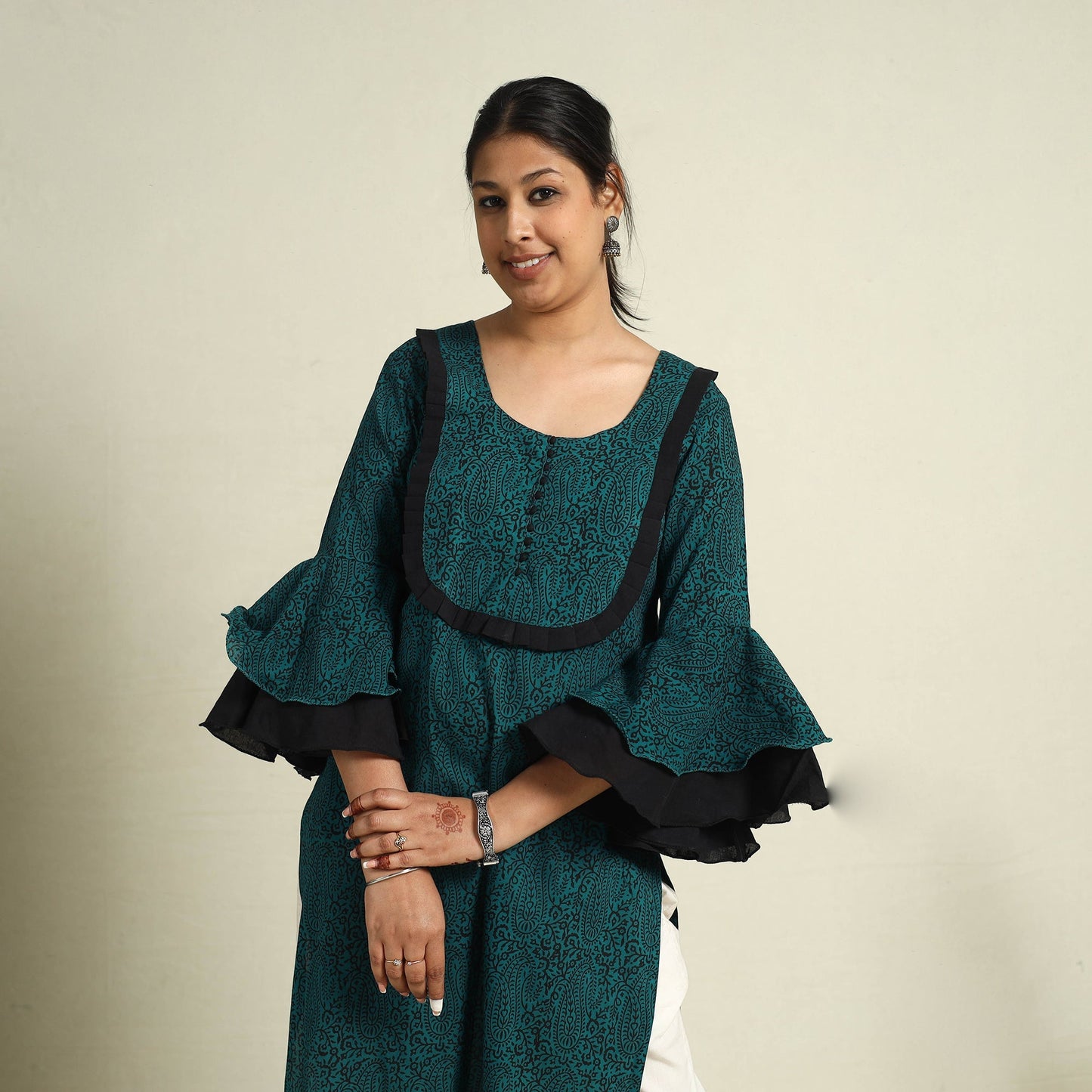 Green Block Print Mul Cotton Straight Bagh Kurta for Women
