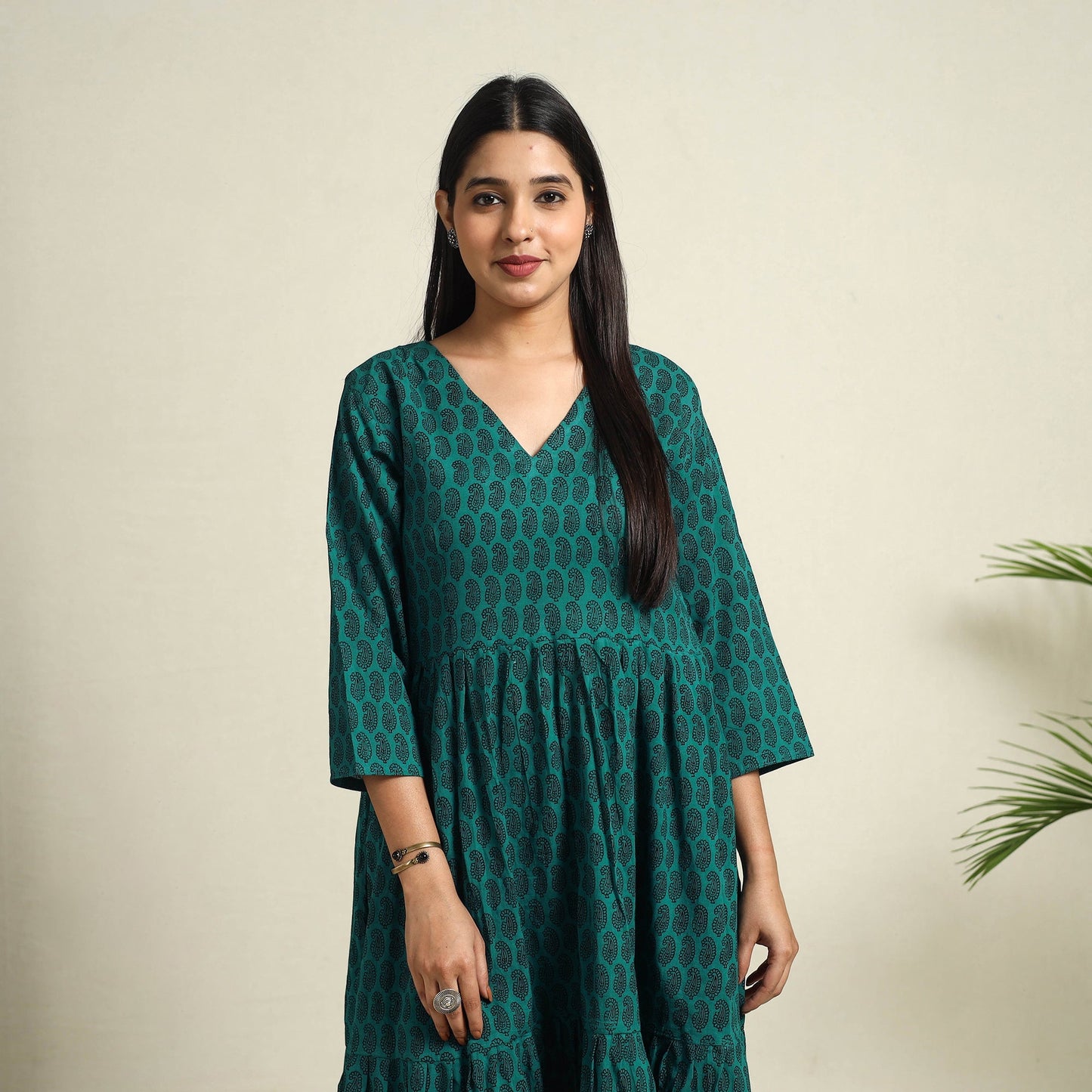 Green Block Print Mul Cotton Tiered Bagh Dress