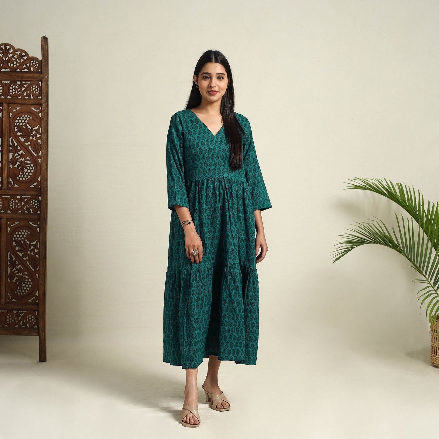 Green Block Print Mul Cotton Tiered Bagh Dress