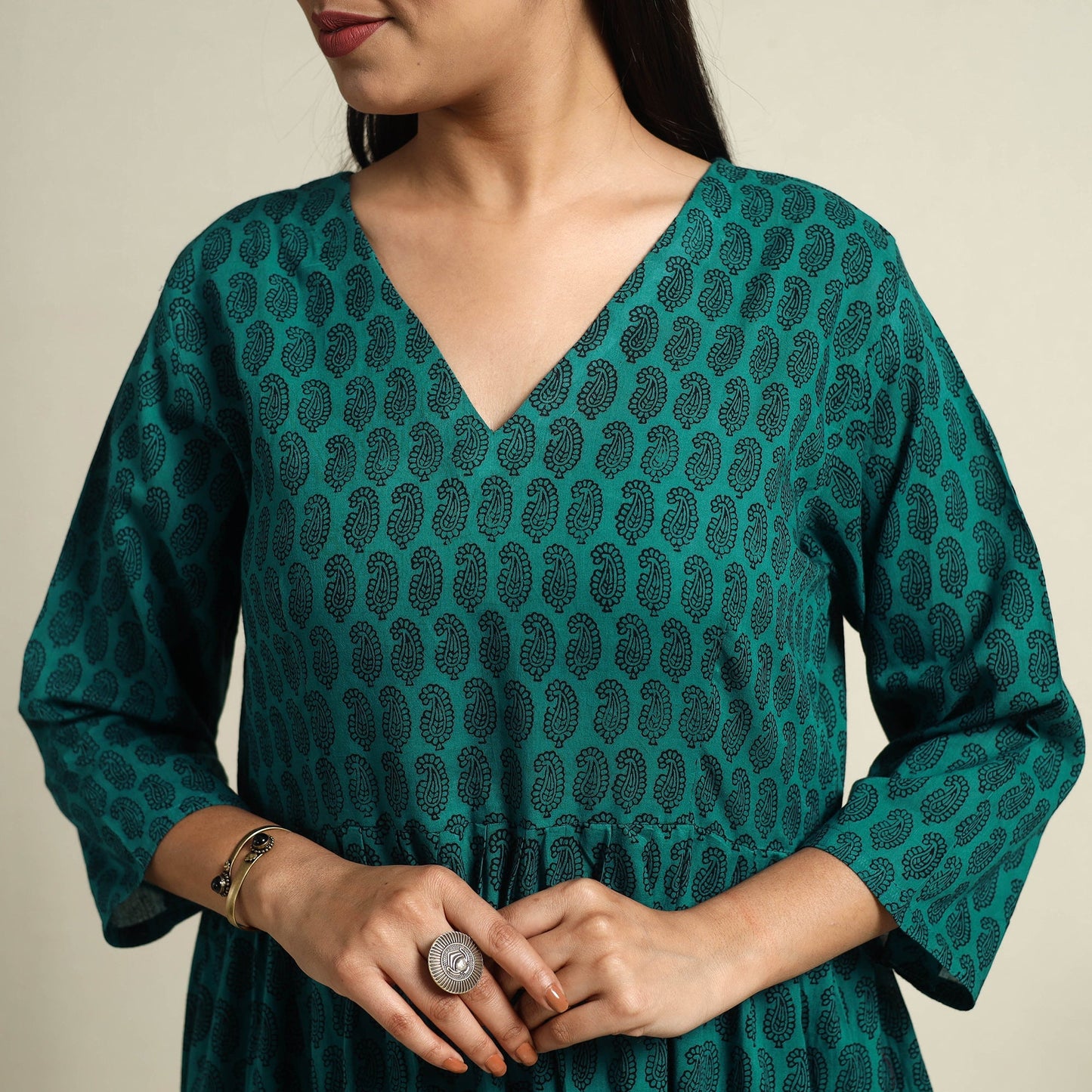 Green Block Print Mul Cotton Tiered Bagh Dress