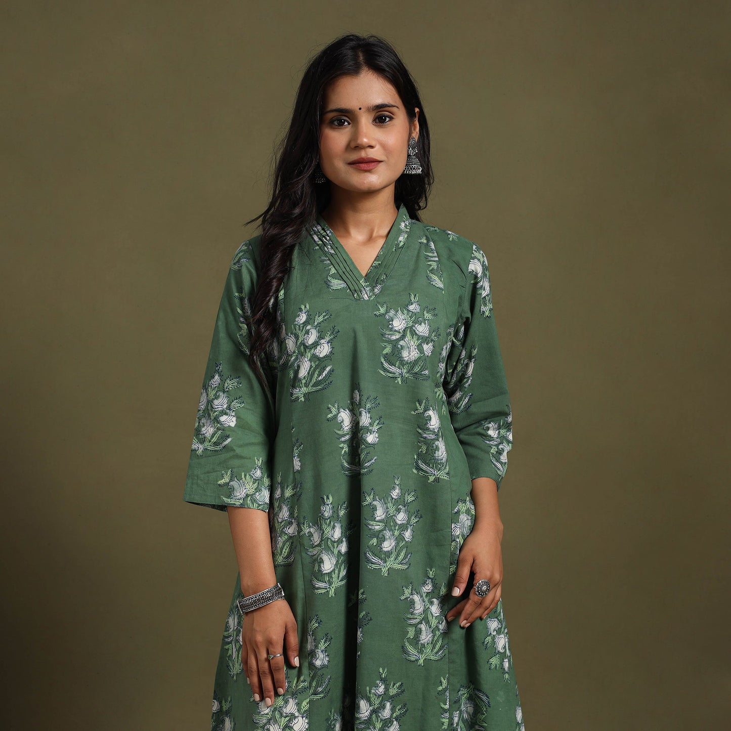 Green Block Print Natural Dyed Cotton A-Line Jahota Kurta