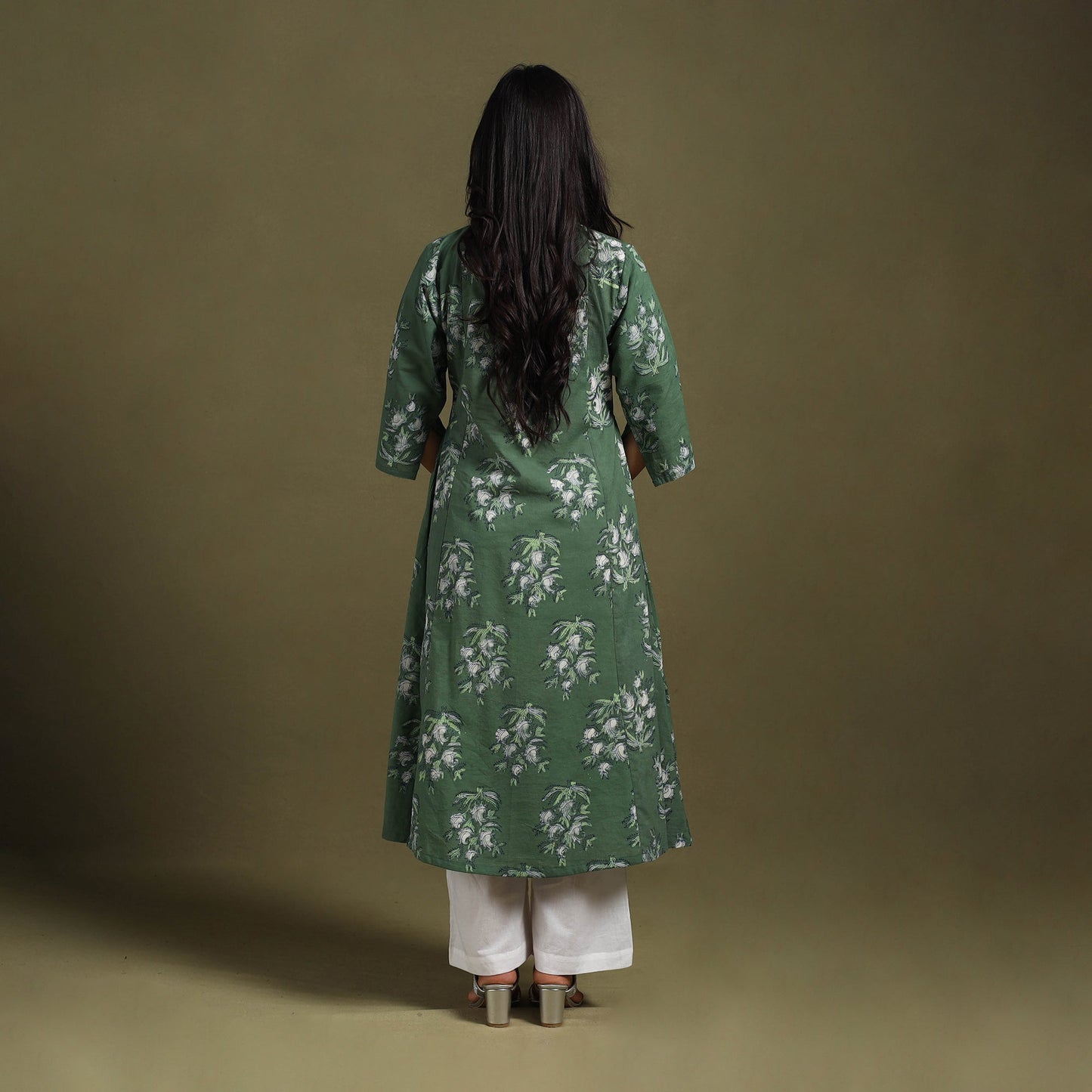 Green Block Print Natural Dyed Cotton A-Line Jahota Kurta