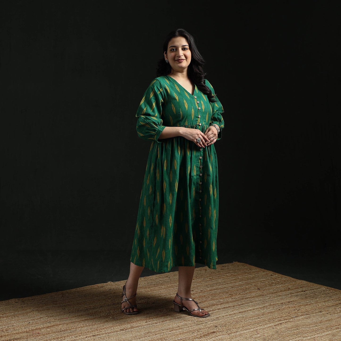 Button down flared cotton pochampally ikat dress 07