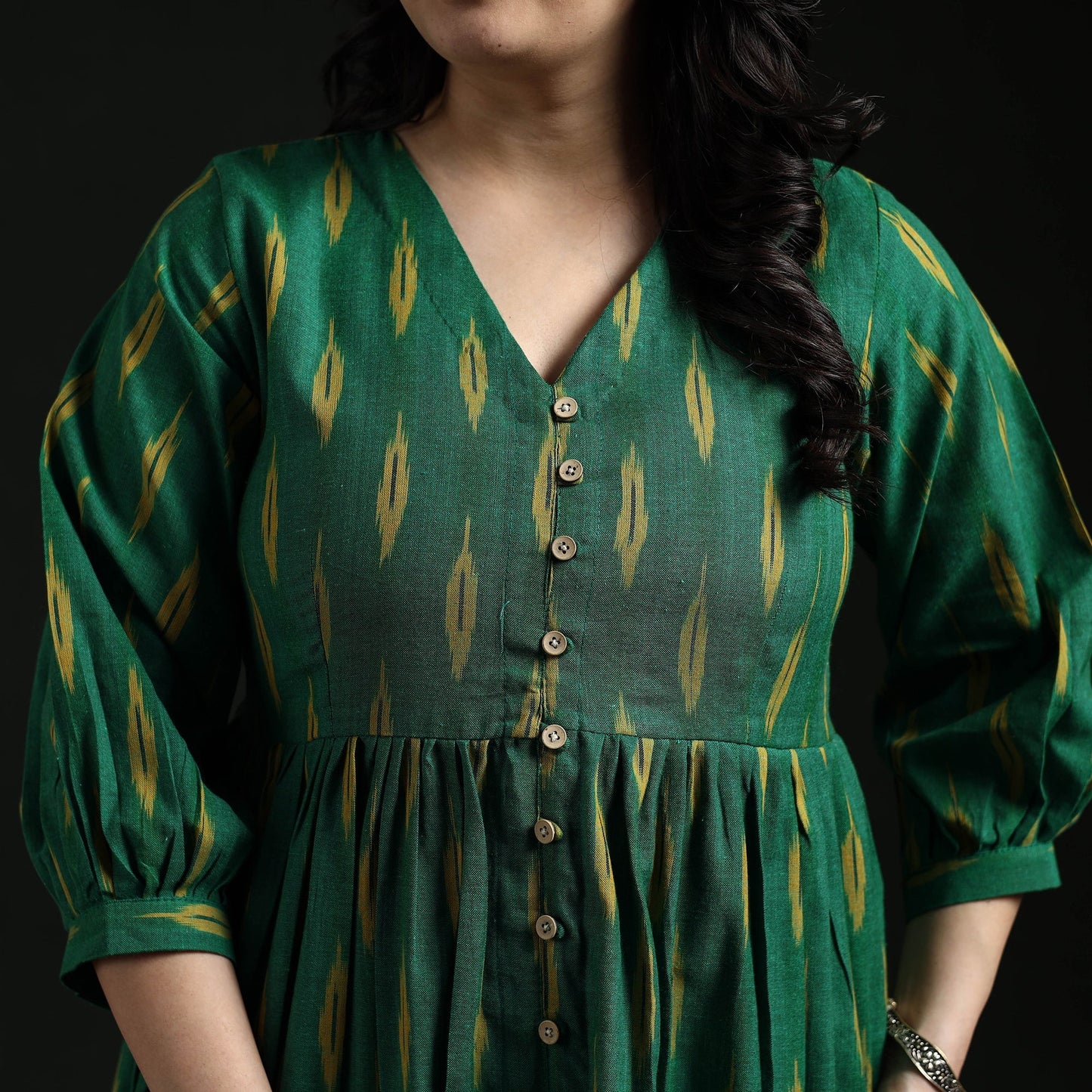 Button down flared cotton pochampally ikat dress 07