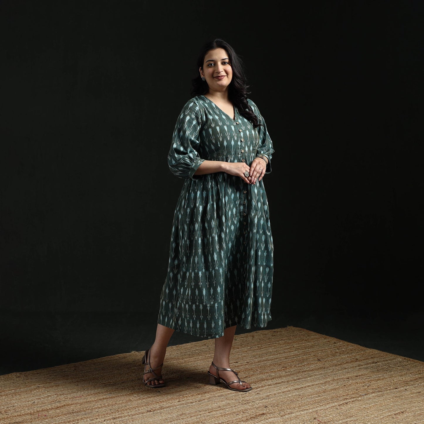 Button down flared cotton pochampally ikat dress 08