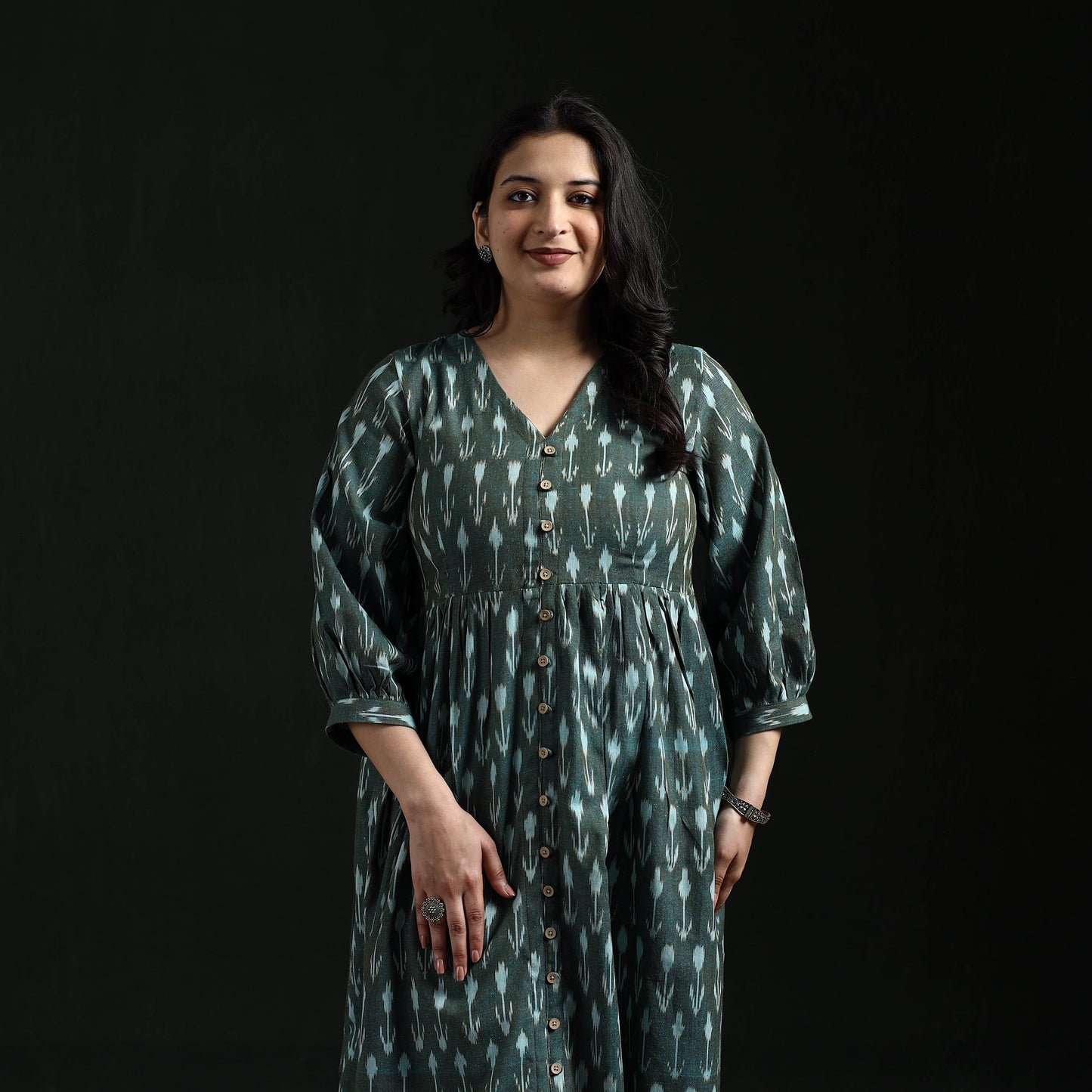 Button down flared cotton pochampally ikat dress 08