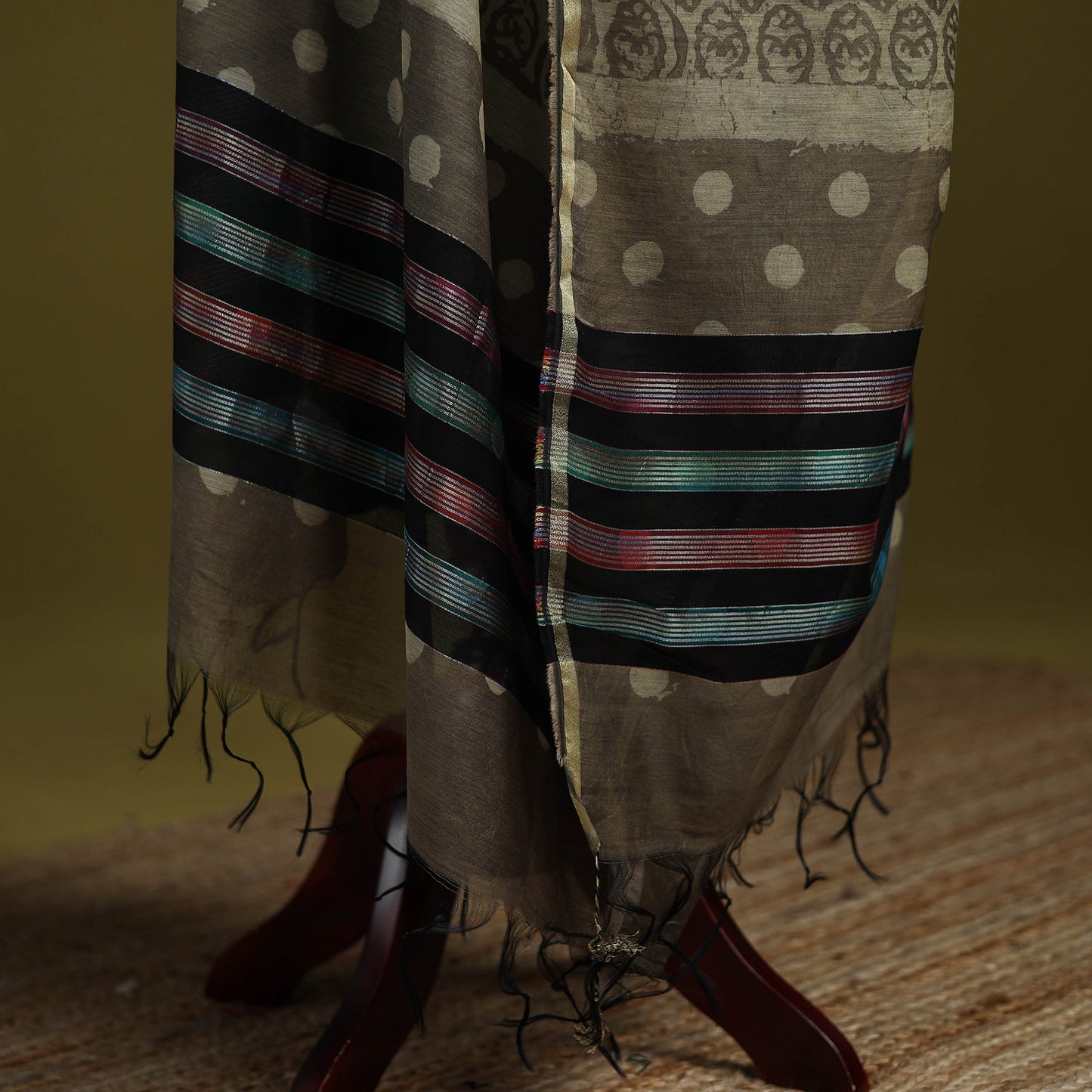 Green - chanderi silk hand bagru dupatta with zari border