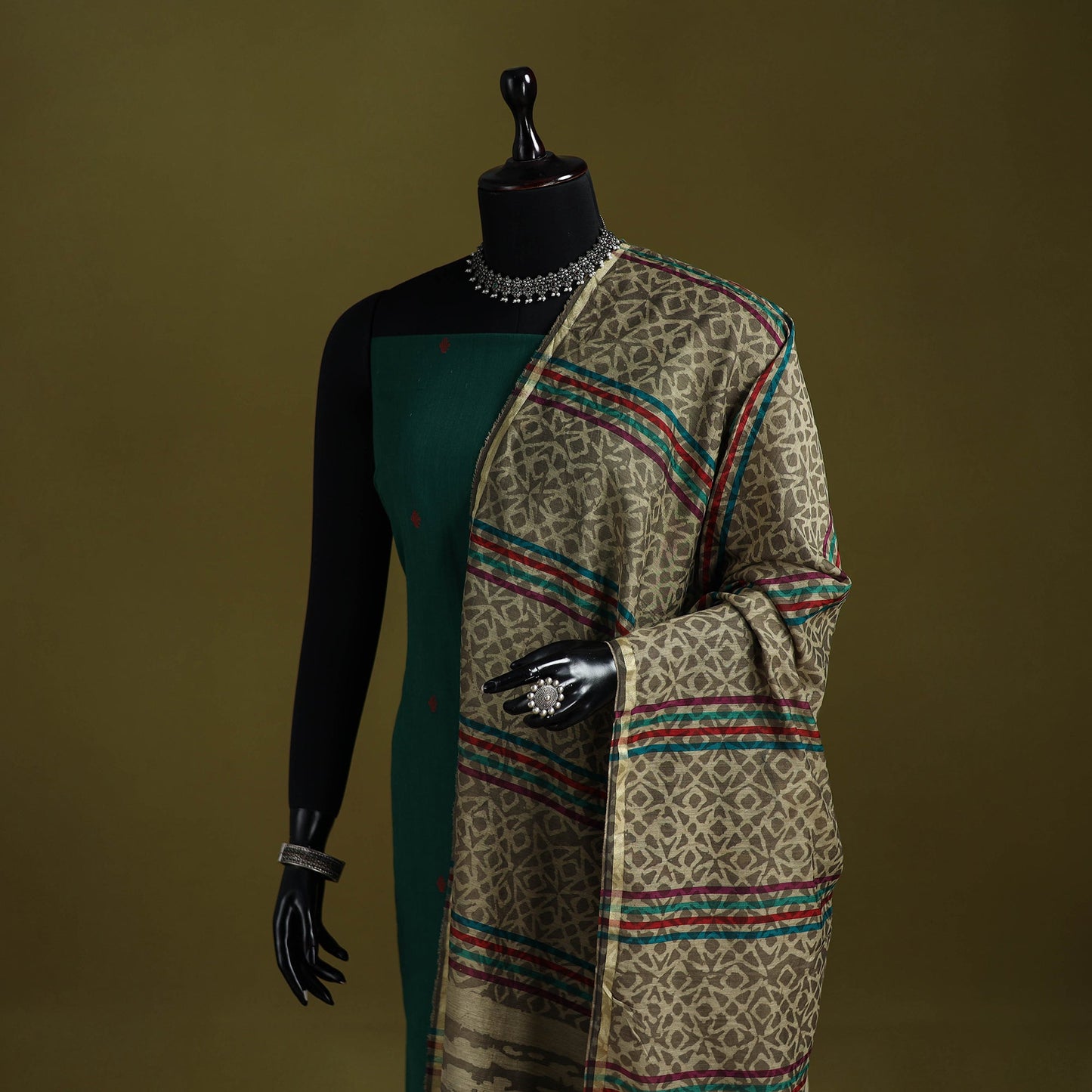 Green - chanderi silk hand bagru dupatta with zari border