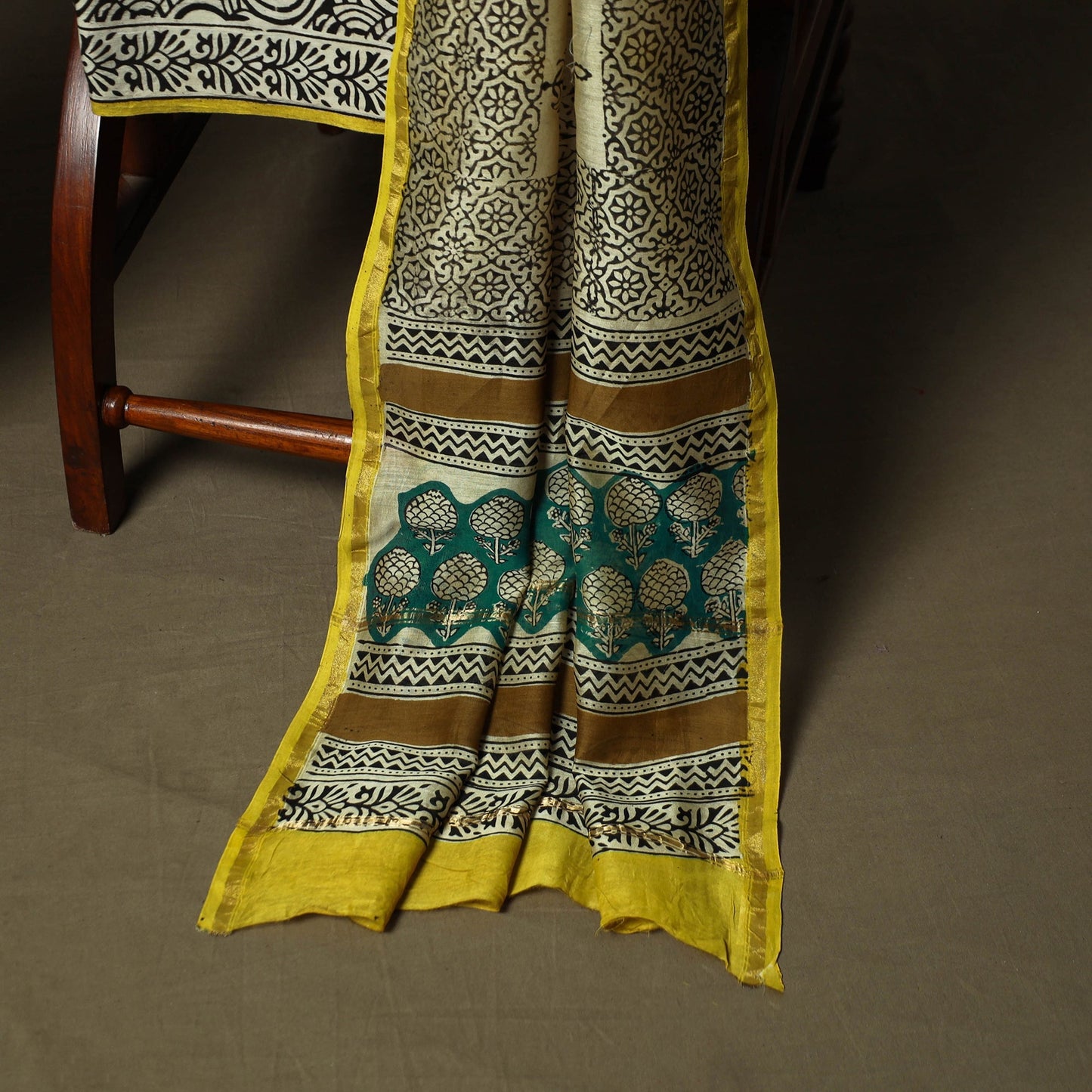 Chanderi silk hand block bagru print 3pc unstitched dress