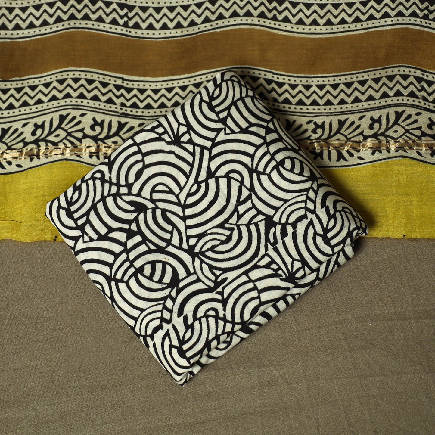 Chanderi silk hand block bagru print 3pc unstitched dress