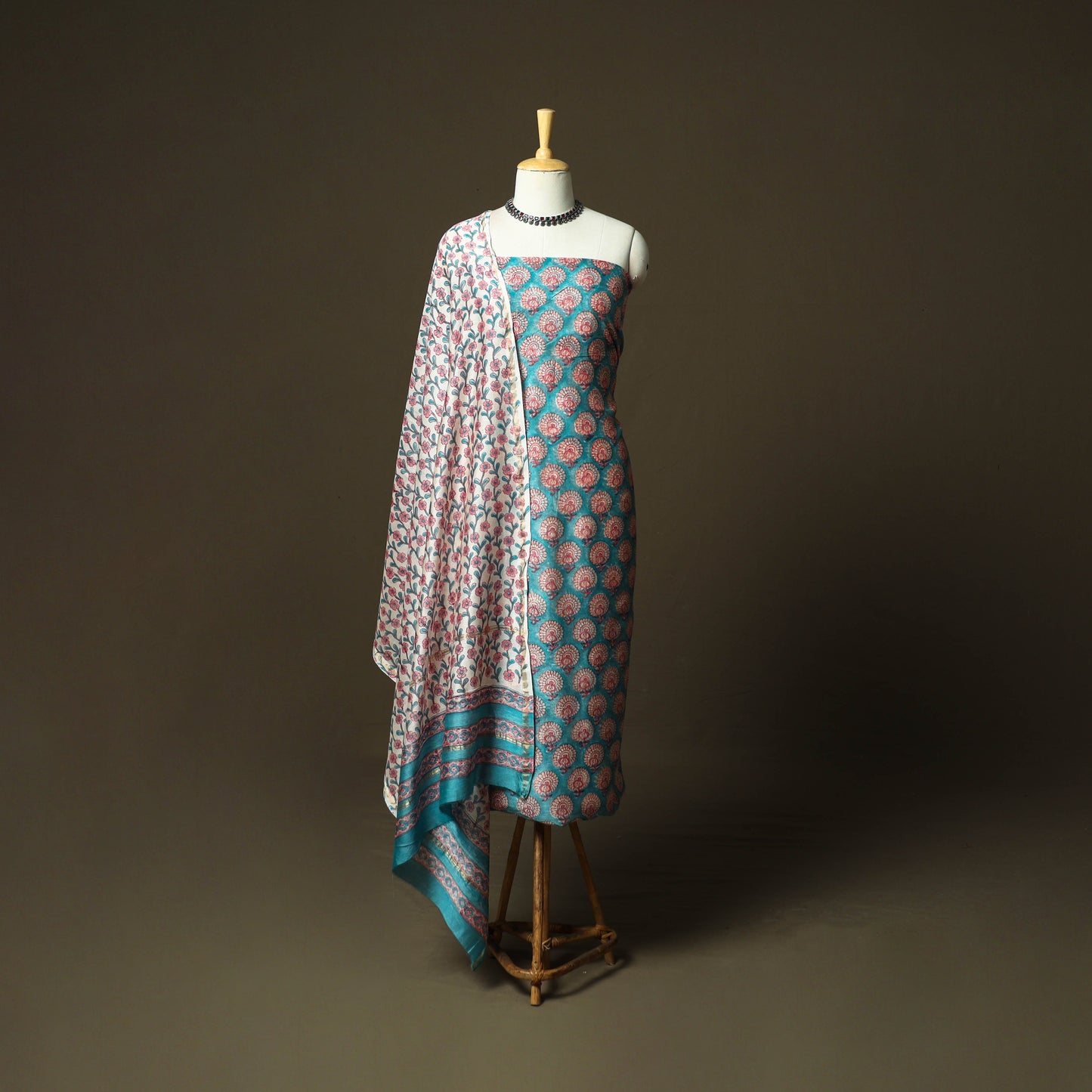 Chanderi silk hand block sanganeri print 3pc unstitched