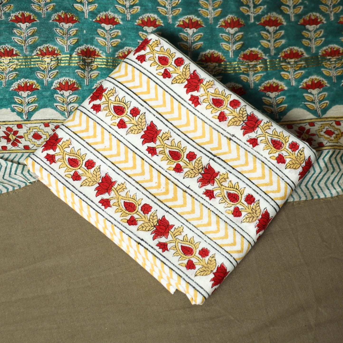 Chanderi silk hand block sanganeri print 3pc unstitched