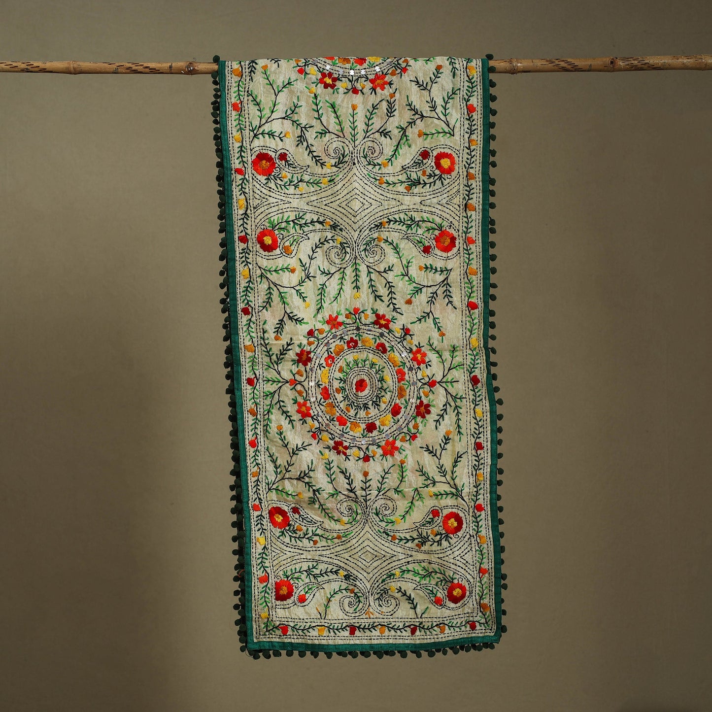 Green Chanderi Silk Hand Embroidered Stole