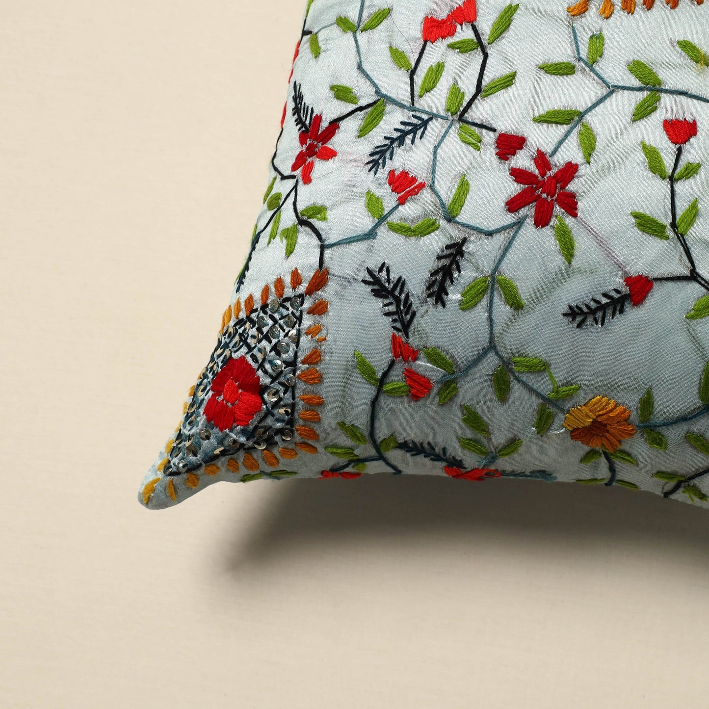 Chanderi silk hand embroidery cushion cover 08 - handcrafted