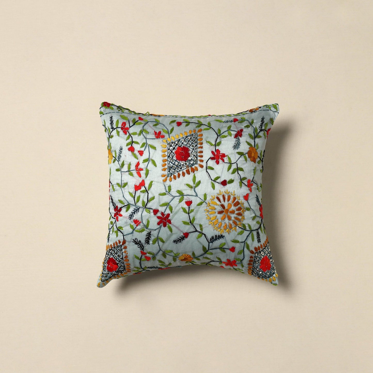 Chanderi silk hand embroidery cushion cover 08 - handcrafted