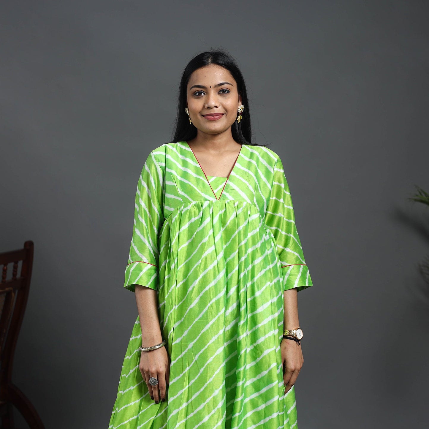 Green Chanderi Silk Tie-Dye Flared Leheriya Kurta for Women