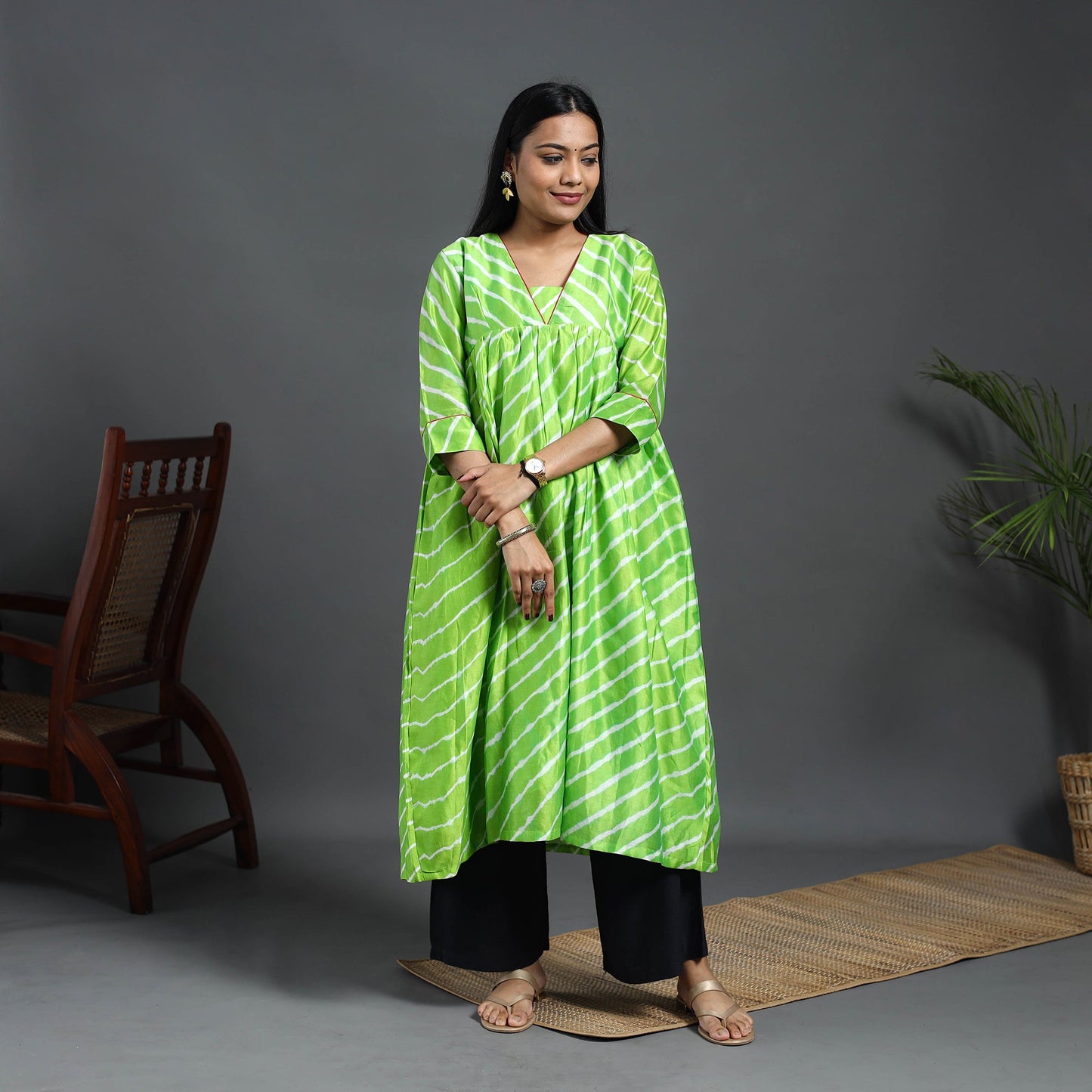 Green Chanderi Silk Tie-Dye Flared Leheriya Kurta for Women