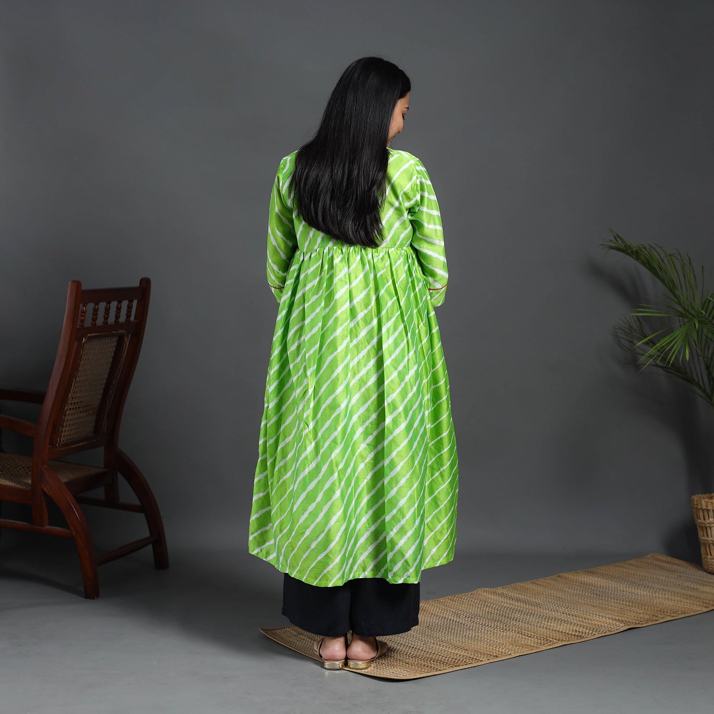 Green Chanderi Silk Tie-Dye Flared Leheriya Kurta for Women