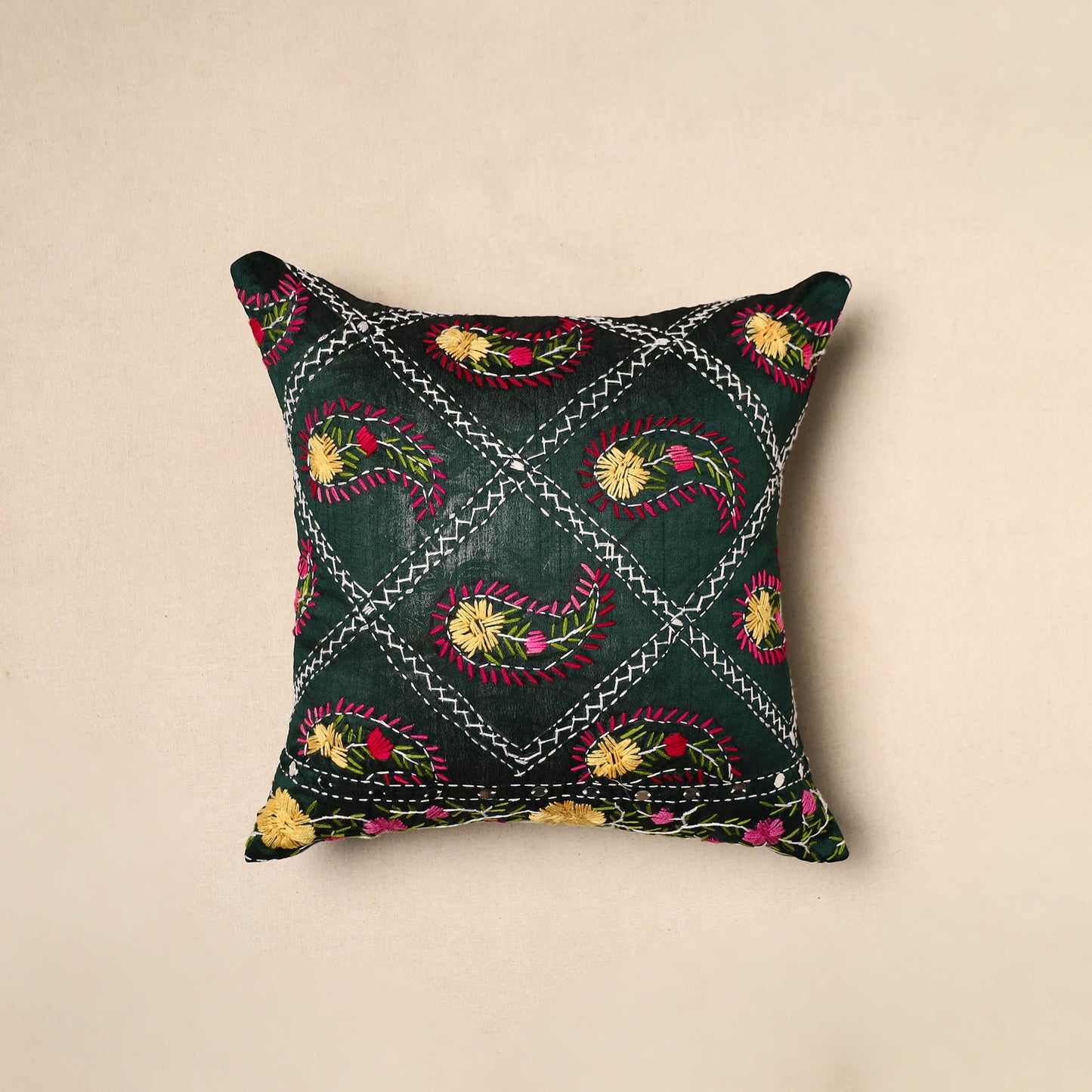 Buy Green Chinon Phulkari Embroidered Cushion Cover