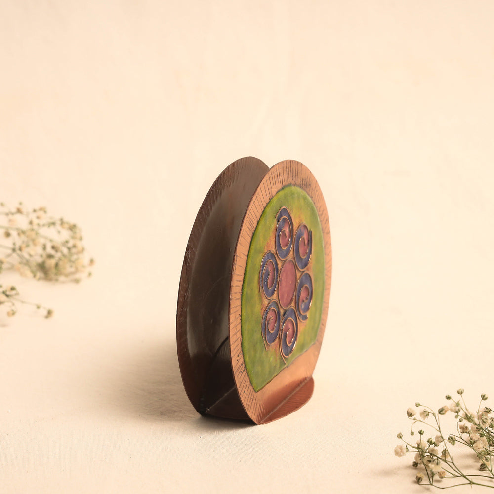 Green Copper Hand-Hammered Enamel Work Agarbatti Diya Stand