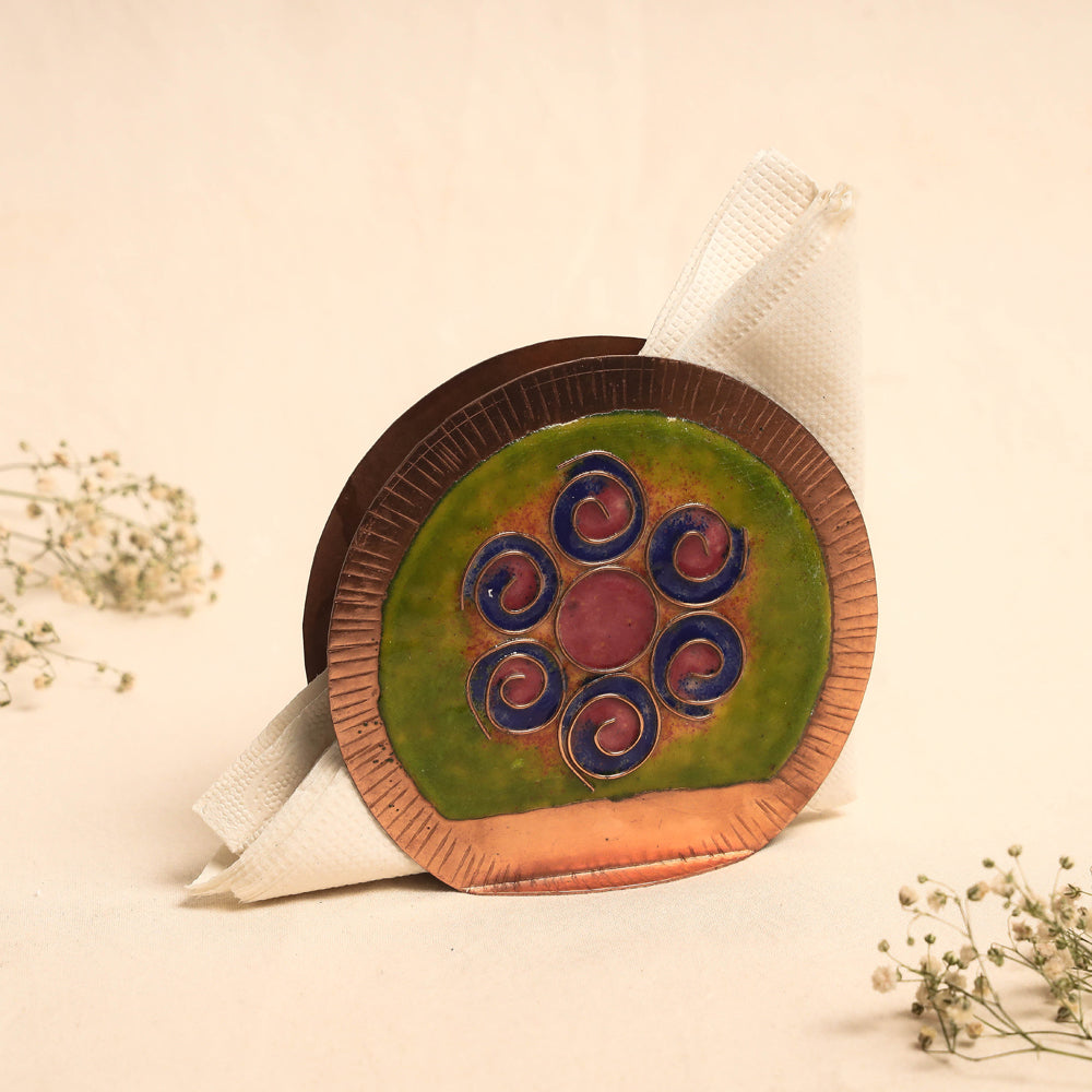Green Copper Hand-Hammered Enamel Work Agarbatti Diya Stand