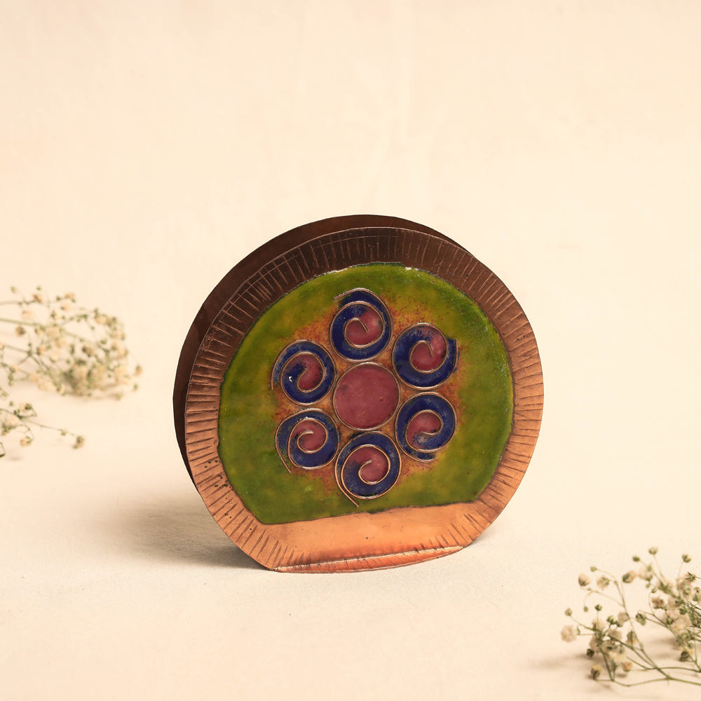 Green Copper Hand-Hammered Enamel Work Agarbatti Diya Stand