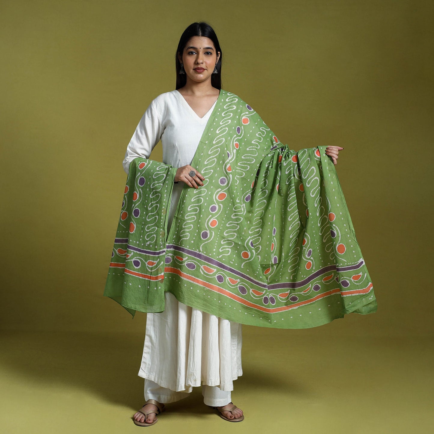 Green Cotton Hand Batik Print Dupatta