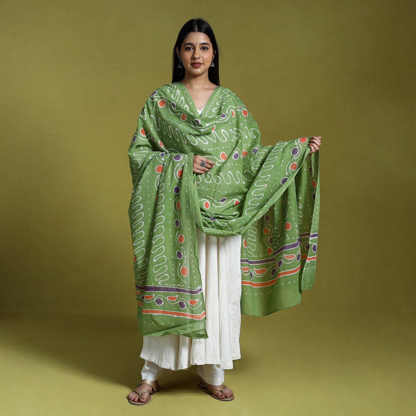 Green Cotton Hand Batik Print Dupatta