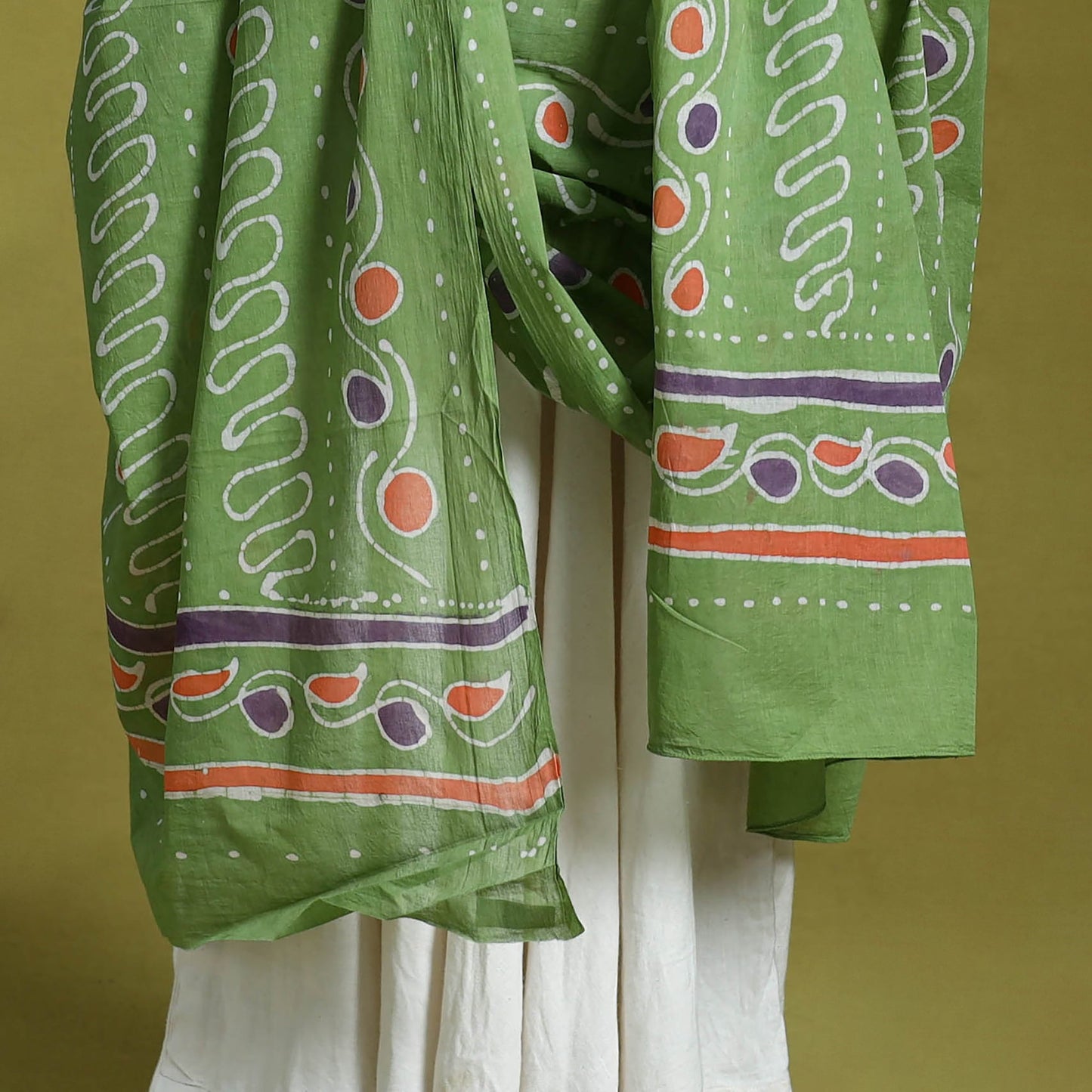 Green Cotton Hand Batik Print Dupatta