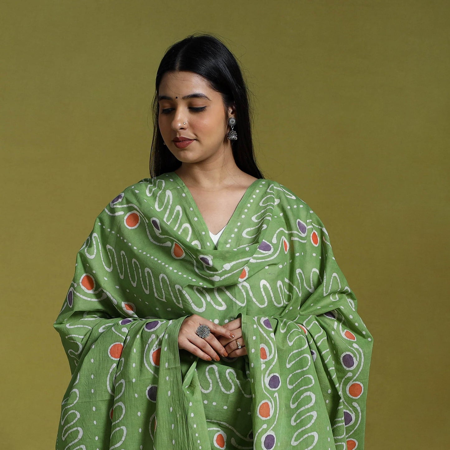 Green Cotton Hand Batik Print Dupatta