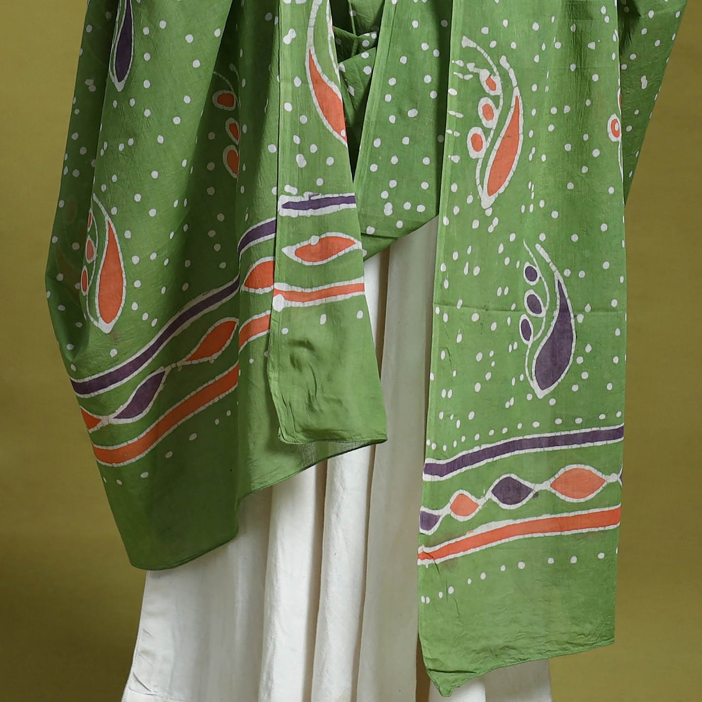 Green Cotton Hand Batik Print Dupatta