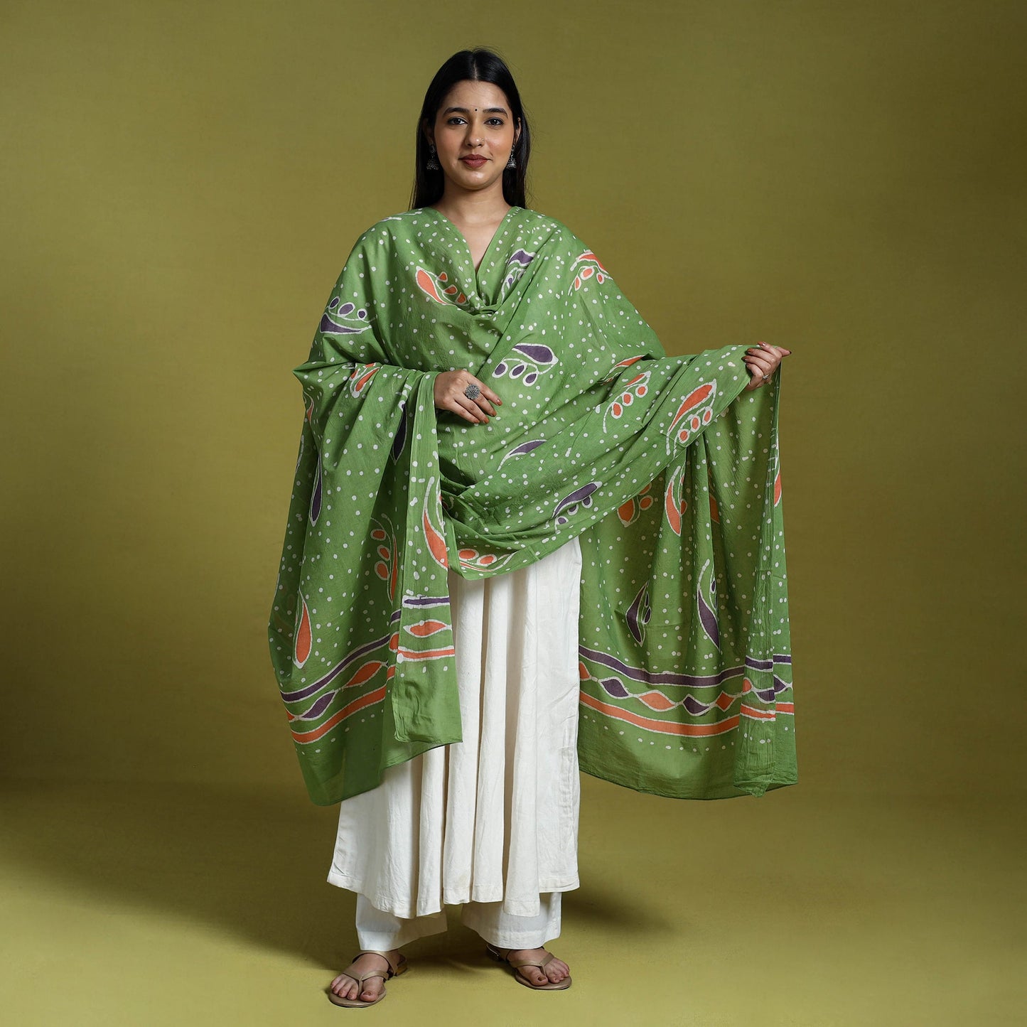 Green Cotton Hand Batik Print Dupatta