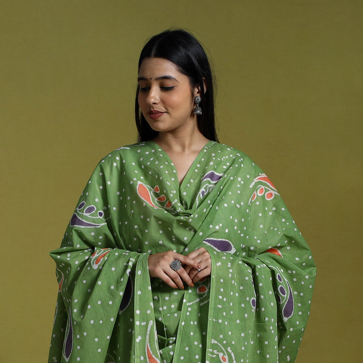 Green Cotton Hand Batik Print Dupatta
