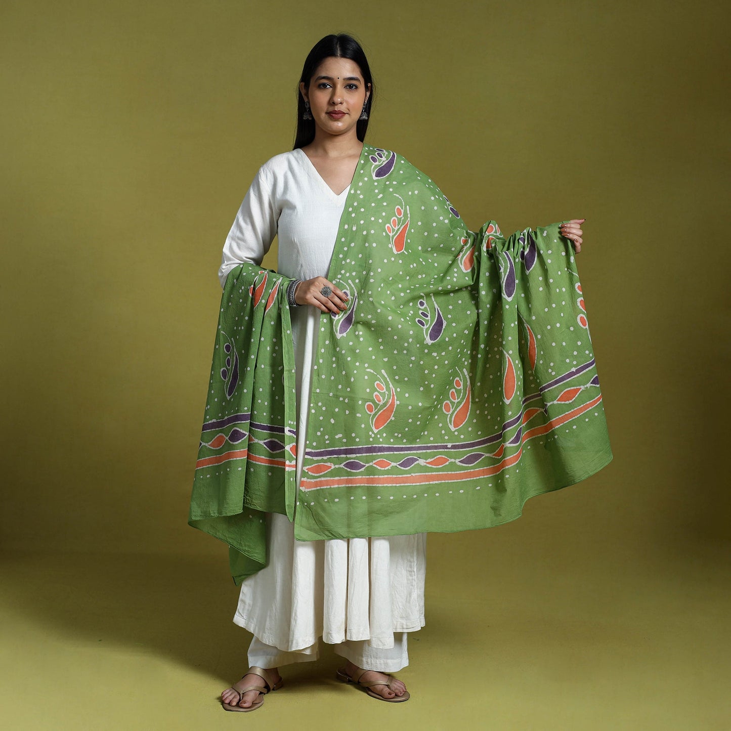 Green Cotton Hand Batik Print Dupatta