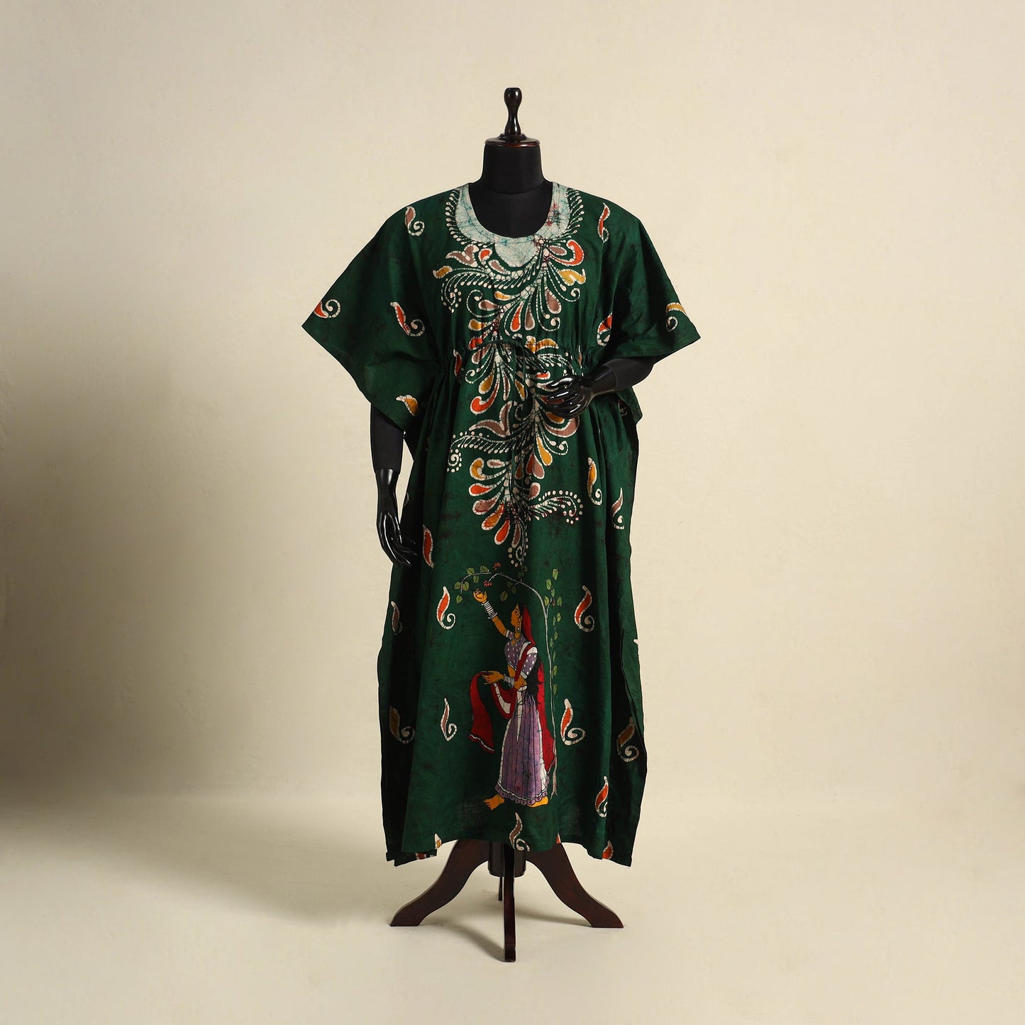Green - cotton hand batik kaftan with tie-up waist (long)