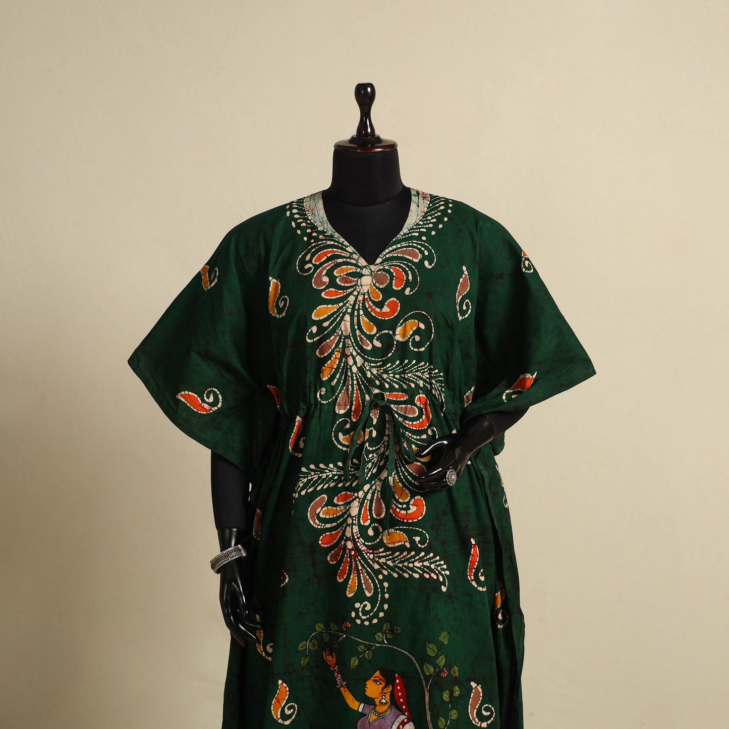 Green - cotton hand batik kaftan with tie-up waist (long)